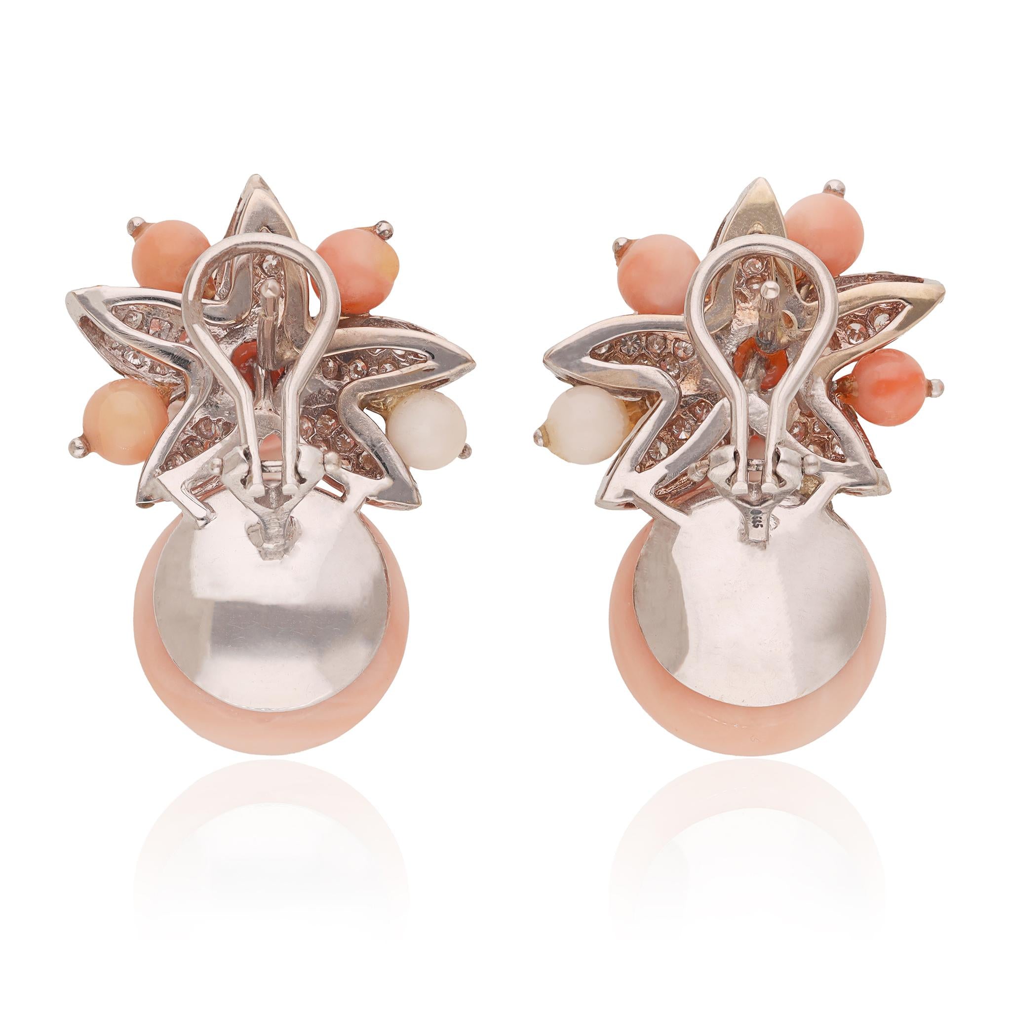 Diamond and Coral Floral Clip Earrings in 14K White Gold