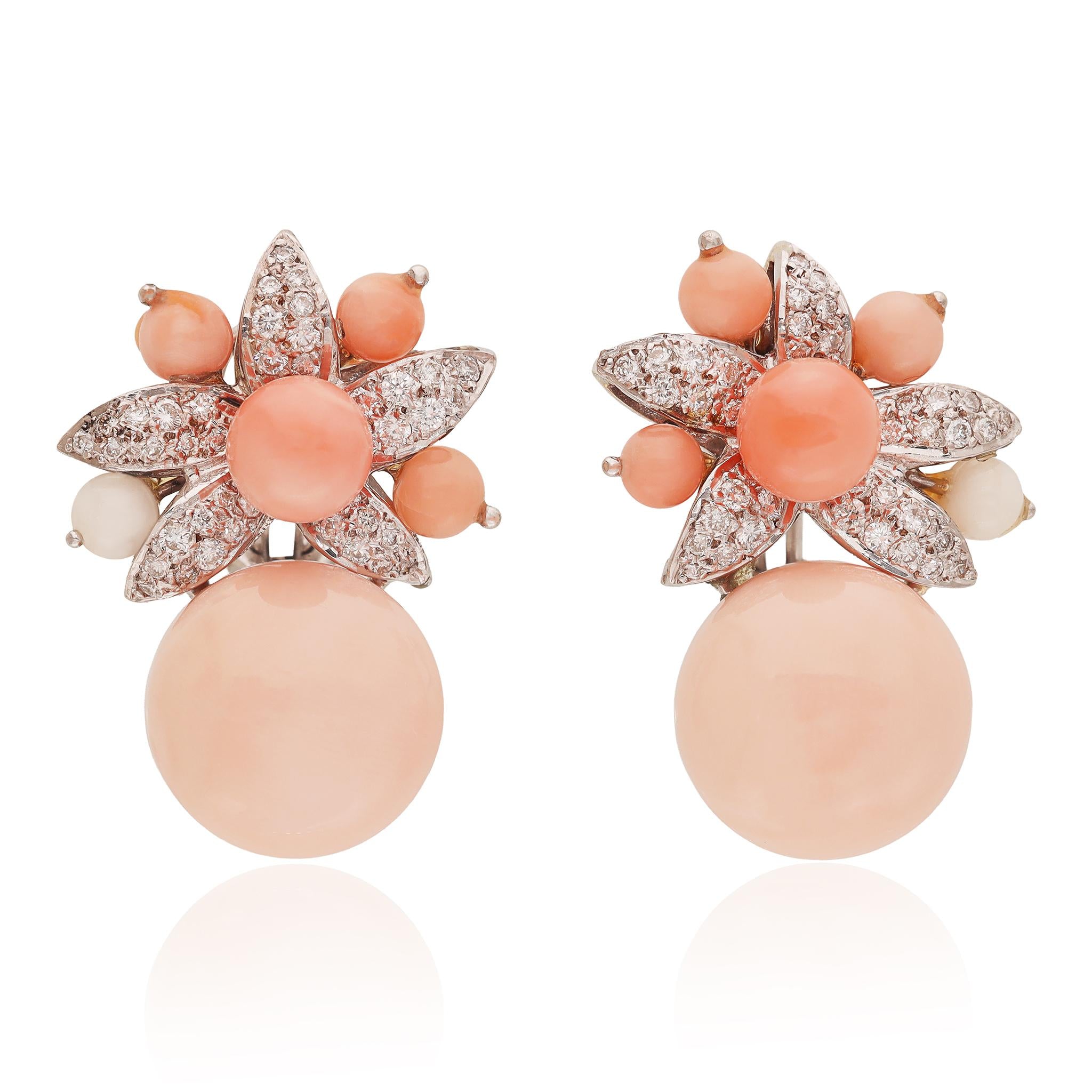 Diamond and Coral Floral Clip Earrings in 14K White Gold
