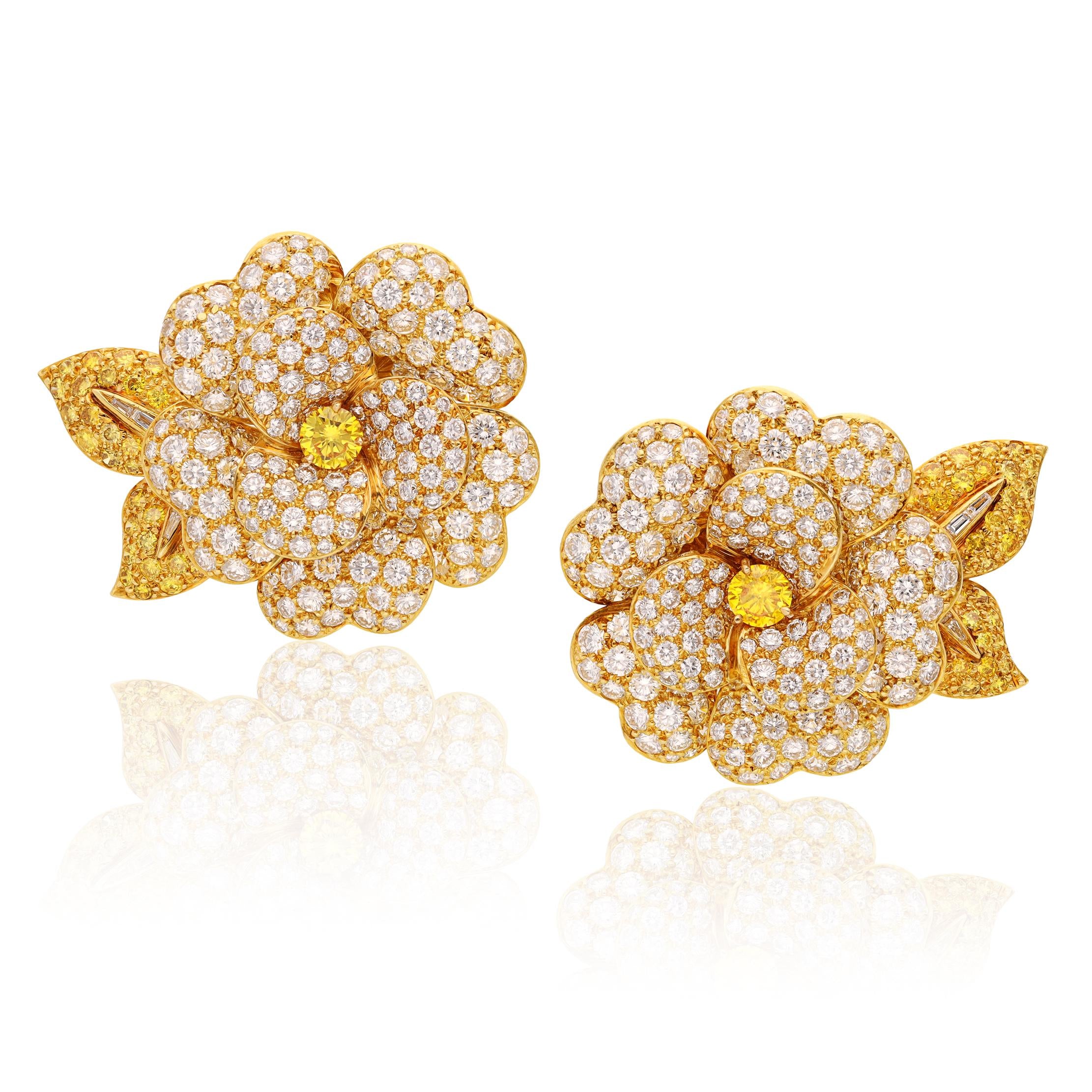 VAN CLEEF & ARPELS Fancy Yellow and White Diamond Camellia Flower Ear Clips