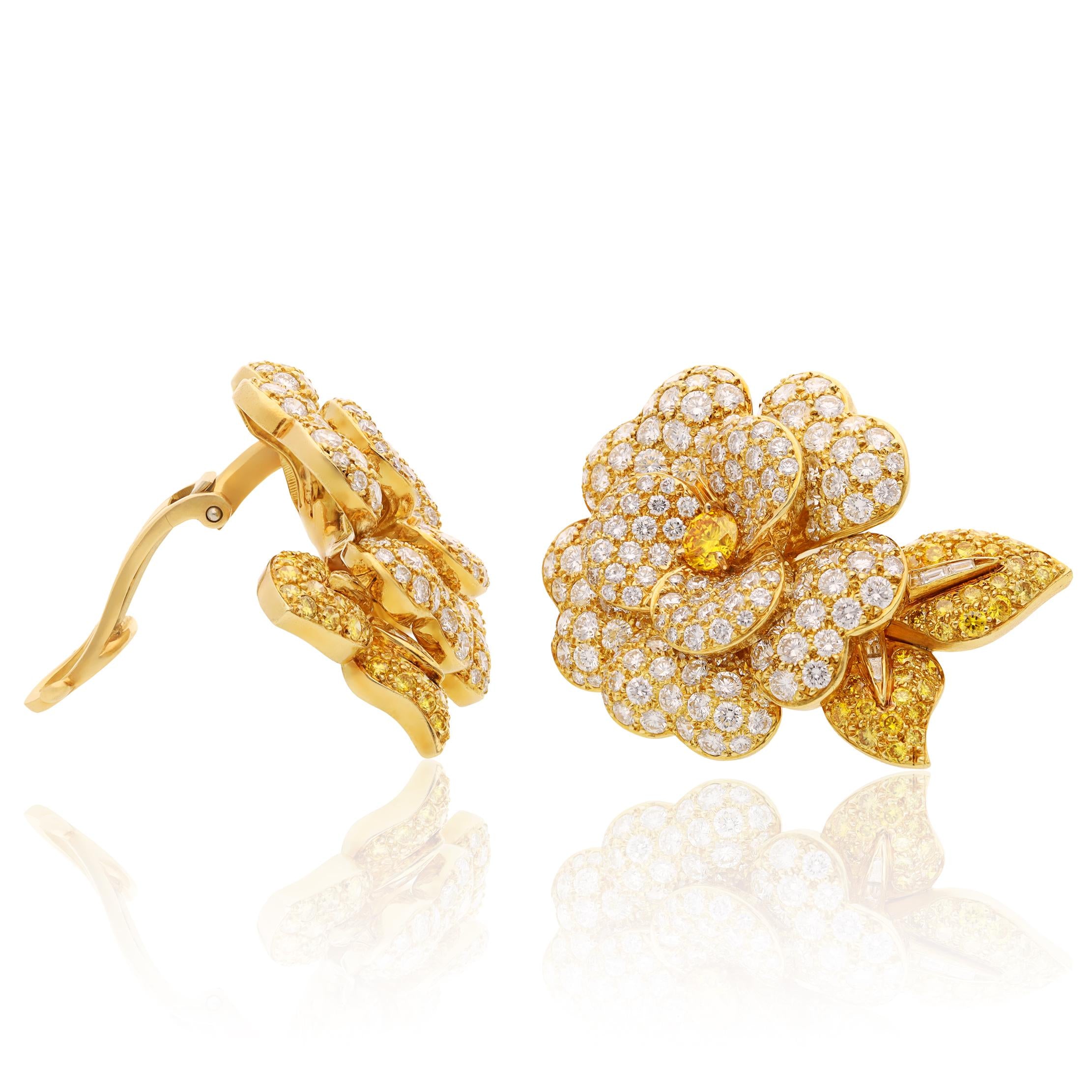 VAN CLEEF & ARPELS Fancy Yellow and White Diamond Camellia Flower Ear Clips
