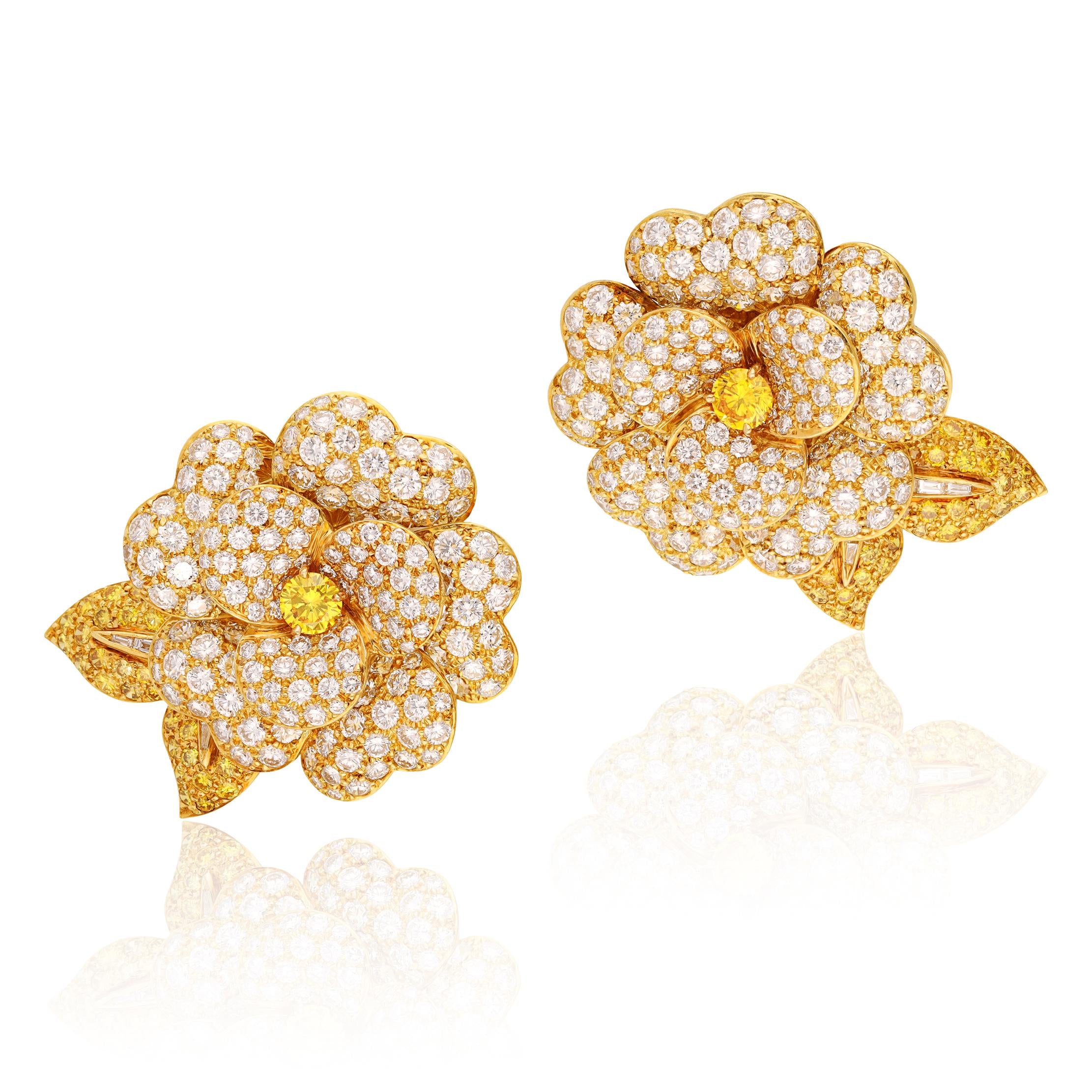 VAN CLEEF & ARPELS Fancy Yellow and White Diamond Camellia Flower Ear Clips