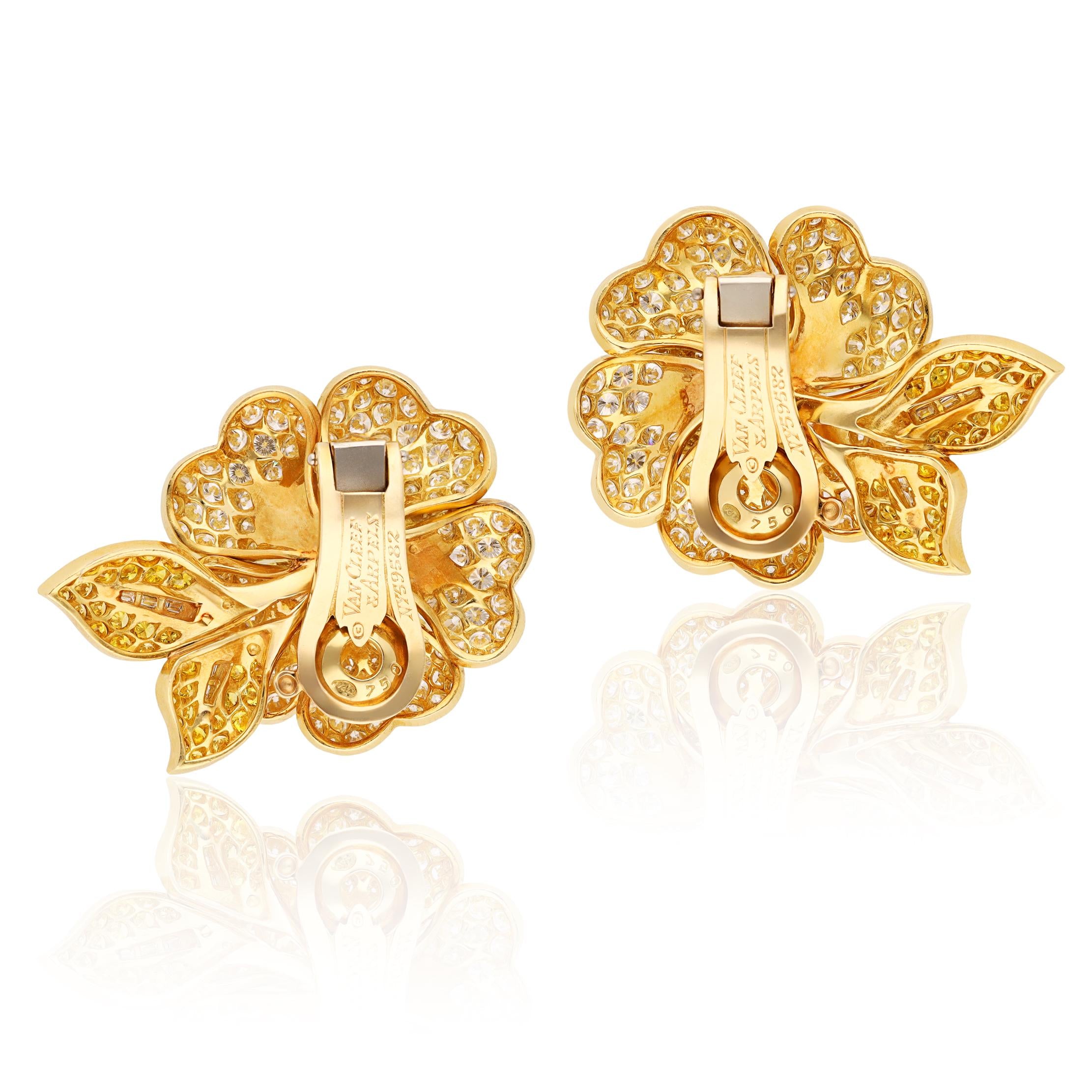 VAN CLEEF & ARPELS Fancy Yellow and White Diamond Camellia Flower Ear Clips