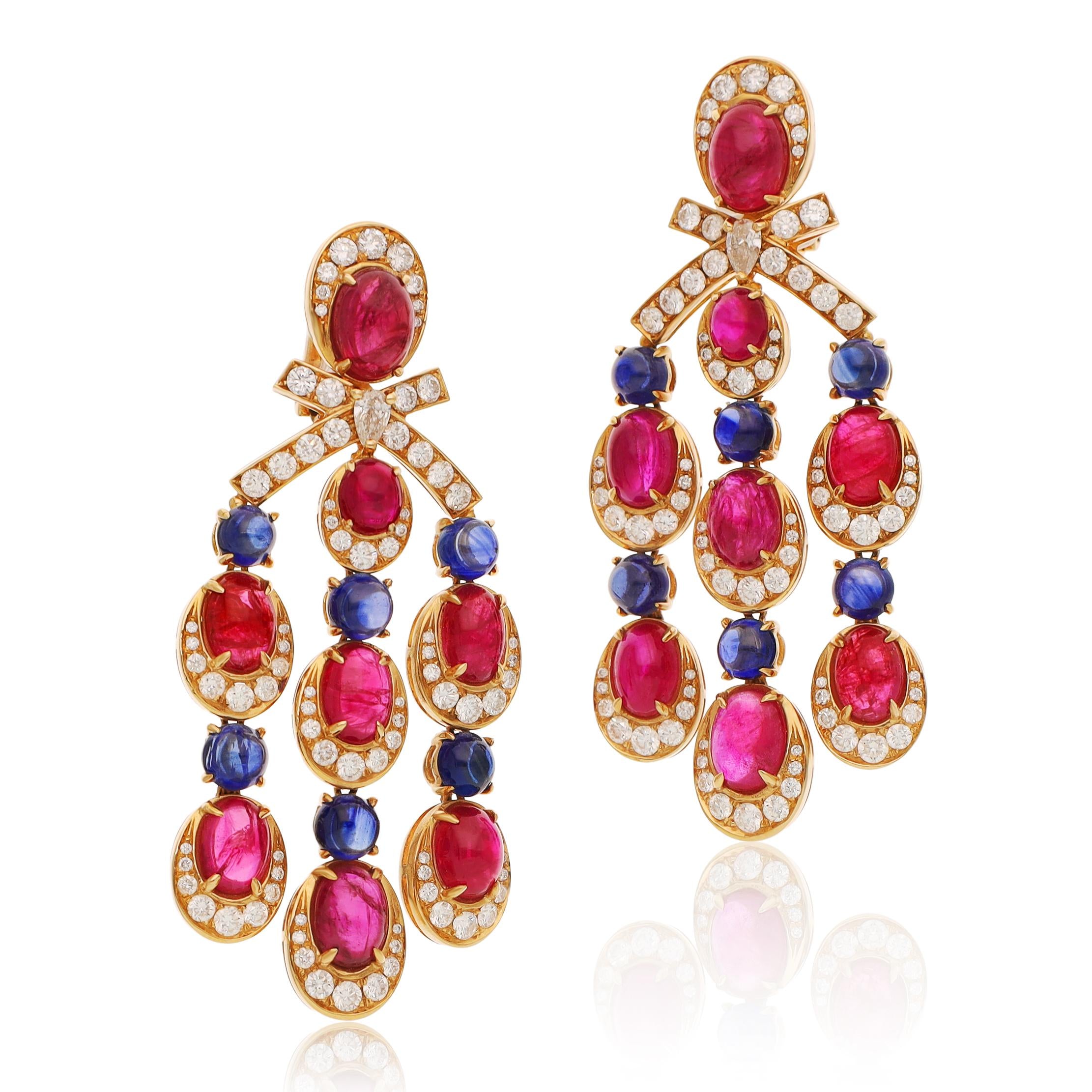 BULGARI 18K Yellow Gold Diamond, Cabochon Ruby and Sapphire Ear Clips
