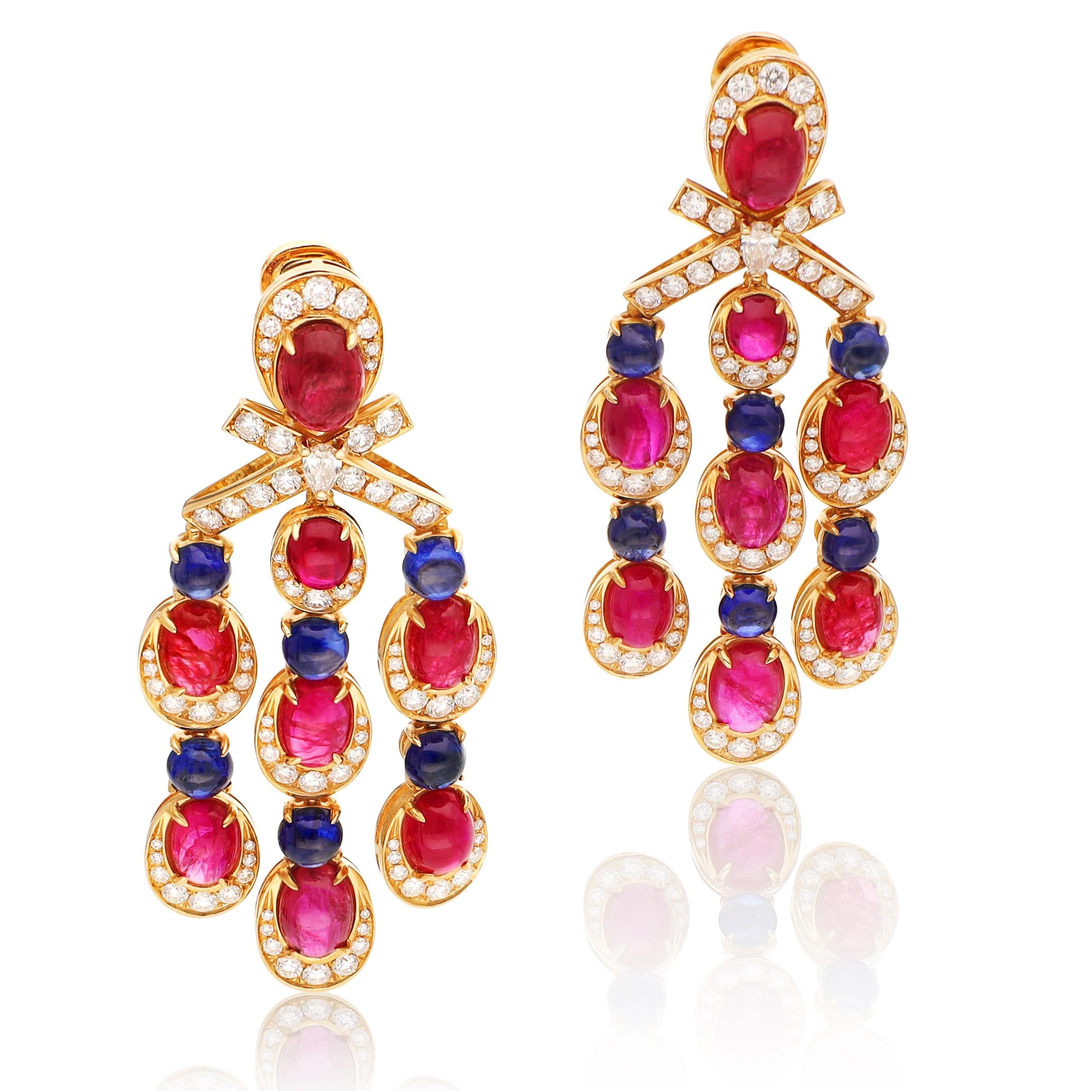 BULGARI 18K Yellow Gold Diamond, Cabochon Ruby and Sapphire Ear Clips
