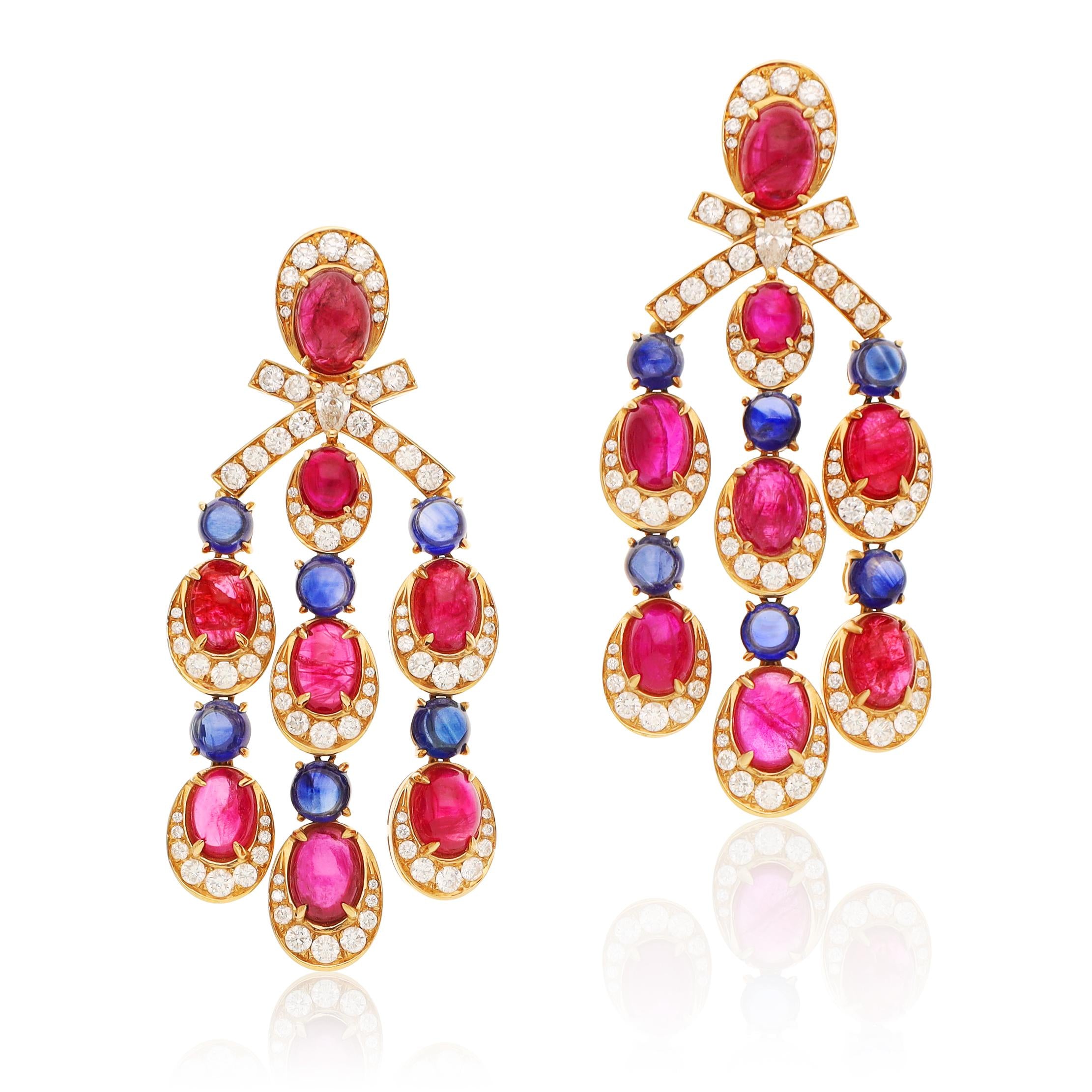 BULGARI 18K Yellow Gold Diamond, Cabochon Ruby and Sapphire Ear Clips