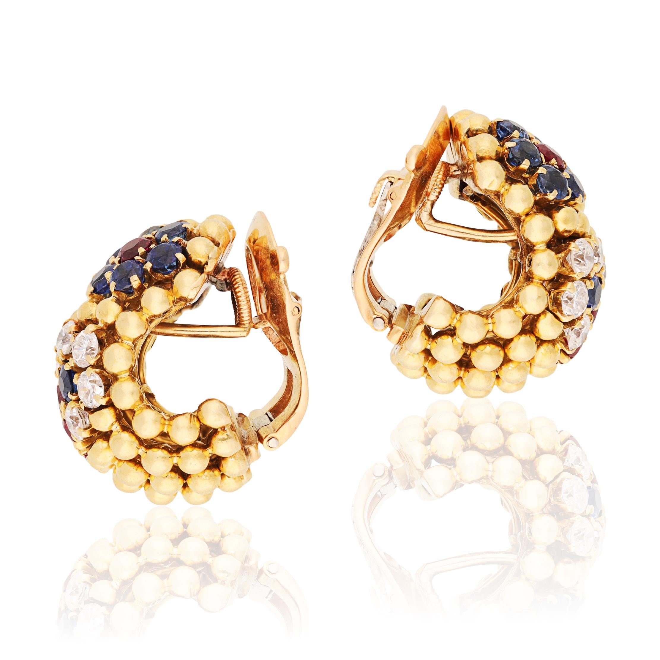 VAN CLEEF & ARPELS 18K Yellow Gold Diamond, Ruby and Sapphire Couscous Ear Clips