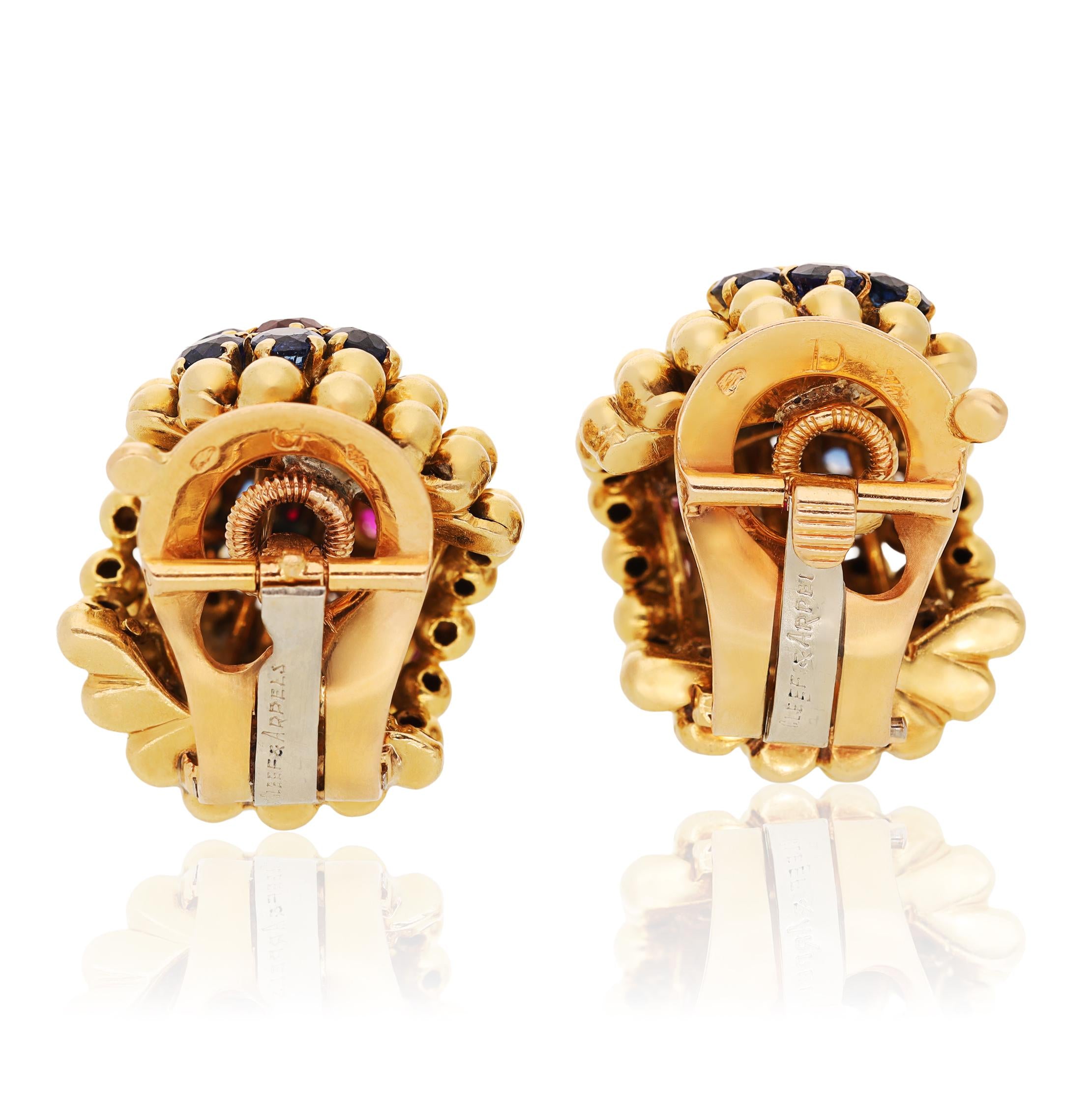 VAN CLEEF & ARPELS 18K Yellow Gold Diamond, Ruby and Sapphire Couscous Ear Clips