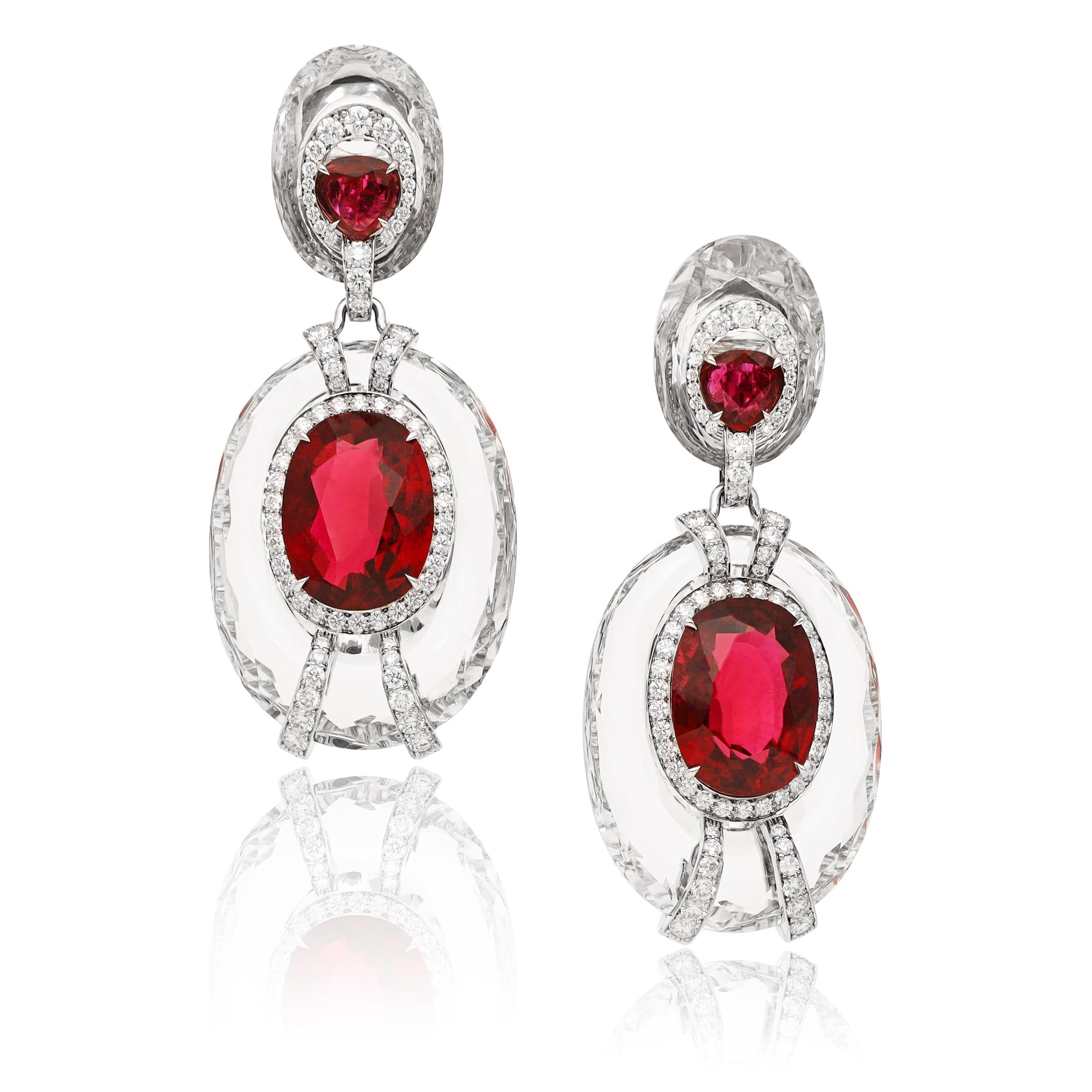 DAVID WEBB Platinum & 18K White Gold Rubellite Rock Crystal and Diamond Earrings
