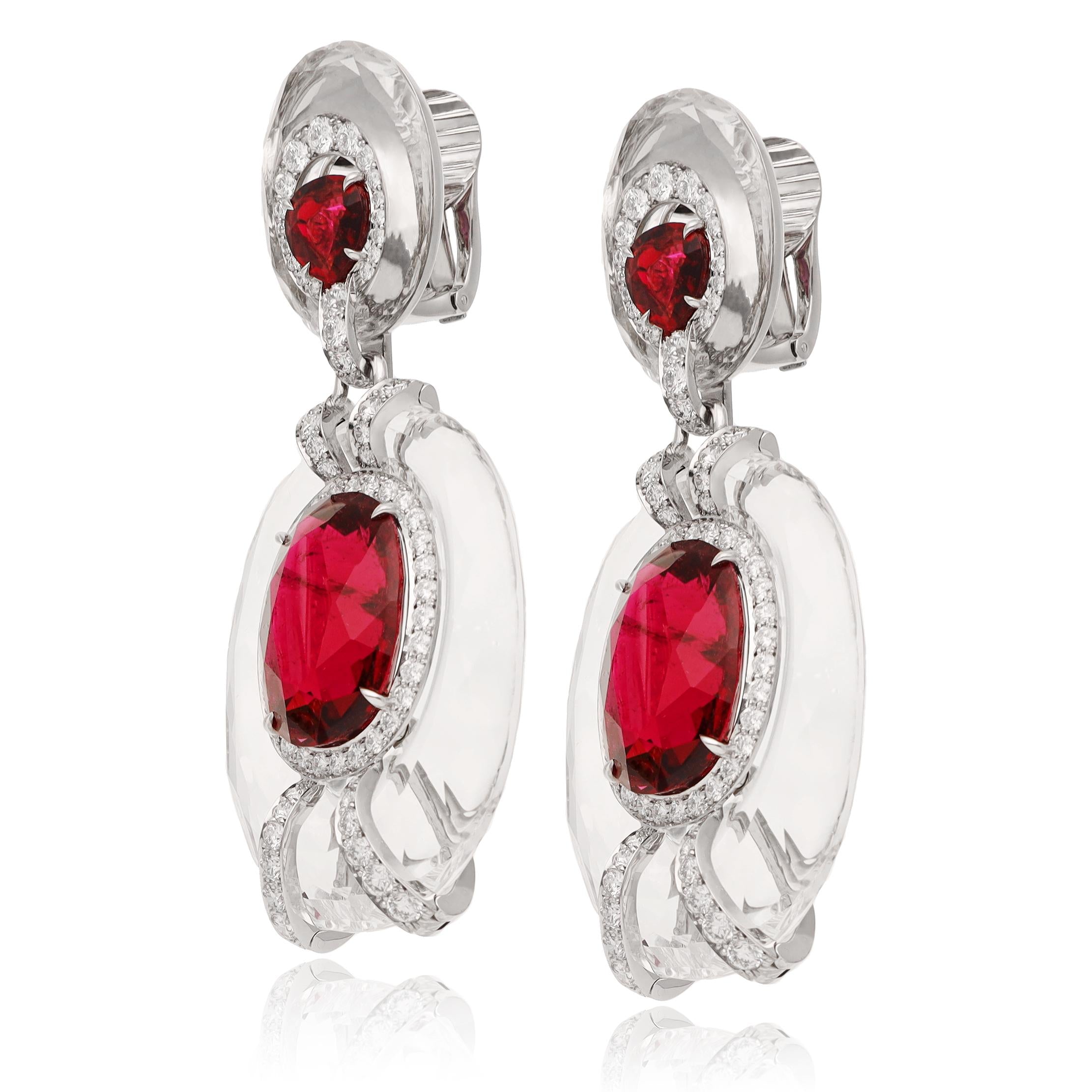 DAVID WEBB Platinum & 18K White Gold Rubellite Rock Crystal and Diamond Earrings