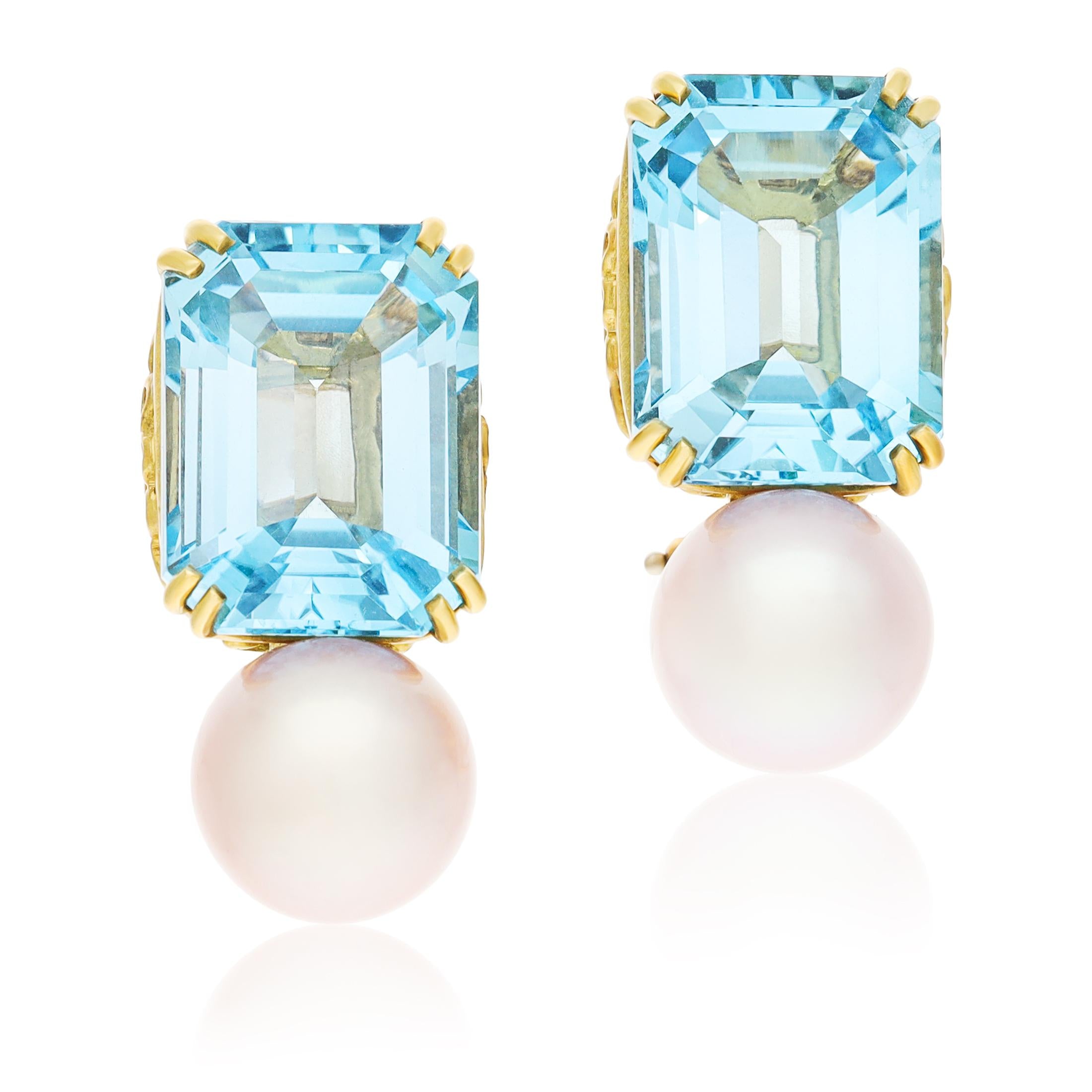 A. HAUME 18K Yellow Gold Aquamarine and Pearl Ear Clips