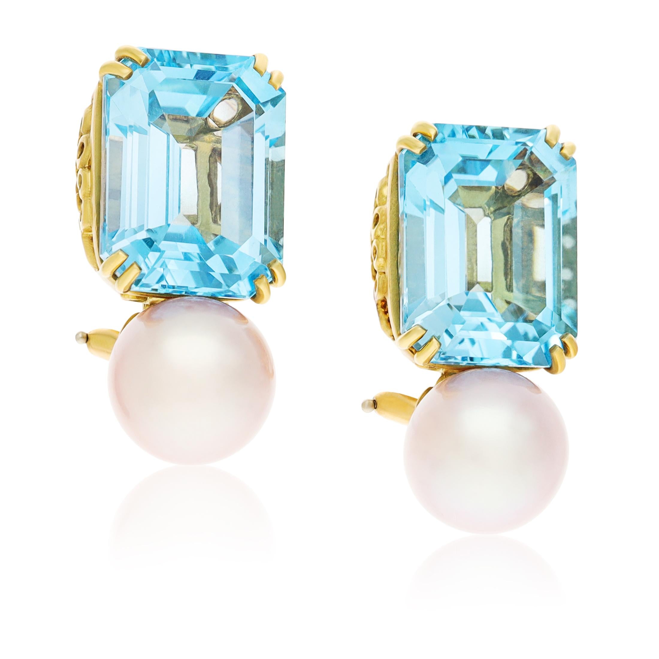 A. HAUME 18K Yellow Gold Aquamarine and Pearl Ear Clips