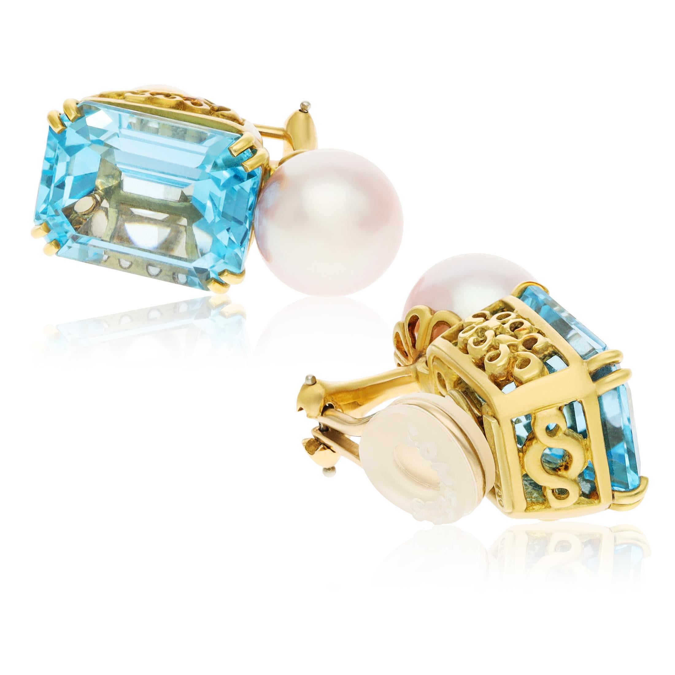 A. HAUME 18K Yellow Gold Aquamarine and Pearl Ear Clips