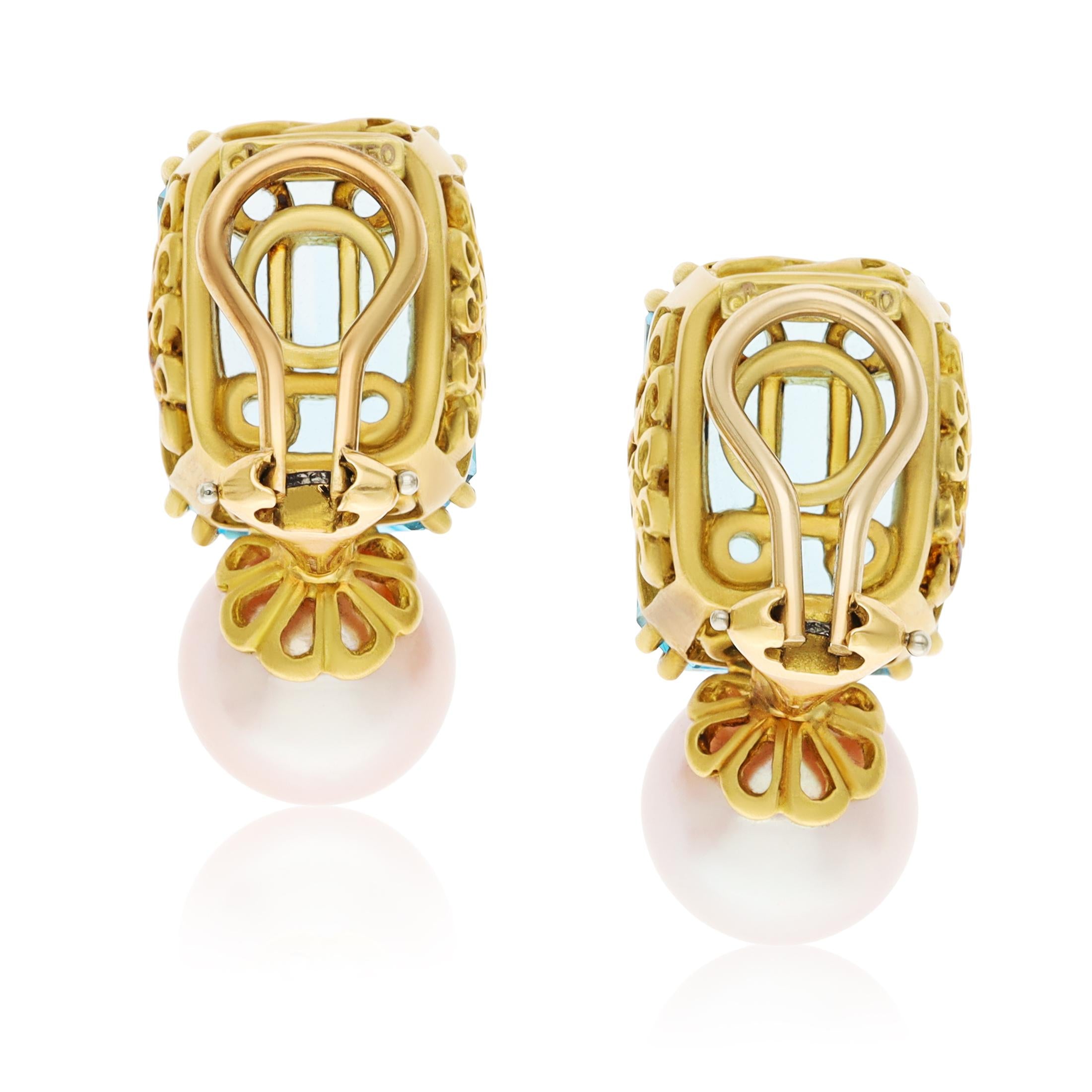 A. HAUME 18K Yellow Gold Aquamarine and Pearl Ear Clips