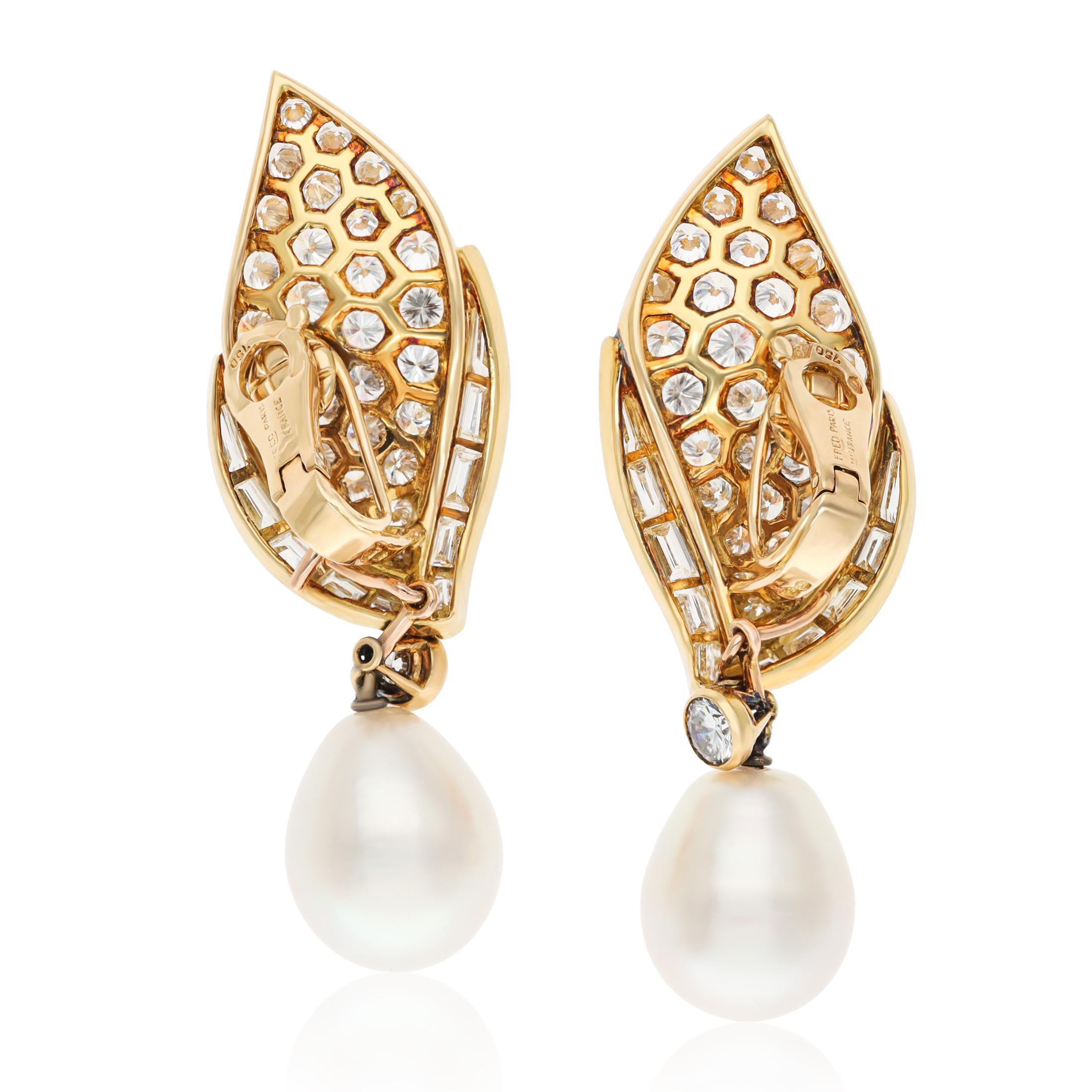 FRED PARIS 18K Yellow Gold Diamond and Pearl Detachable Ear Clips