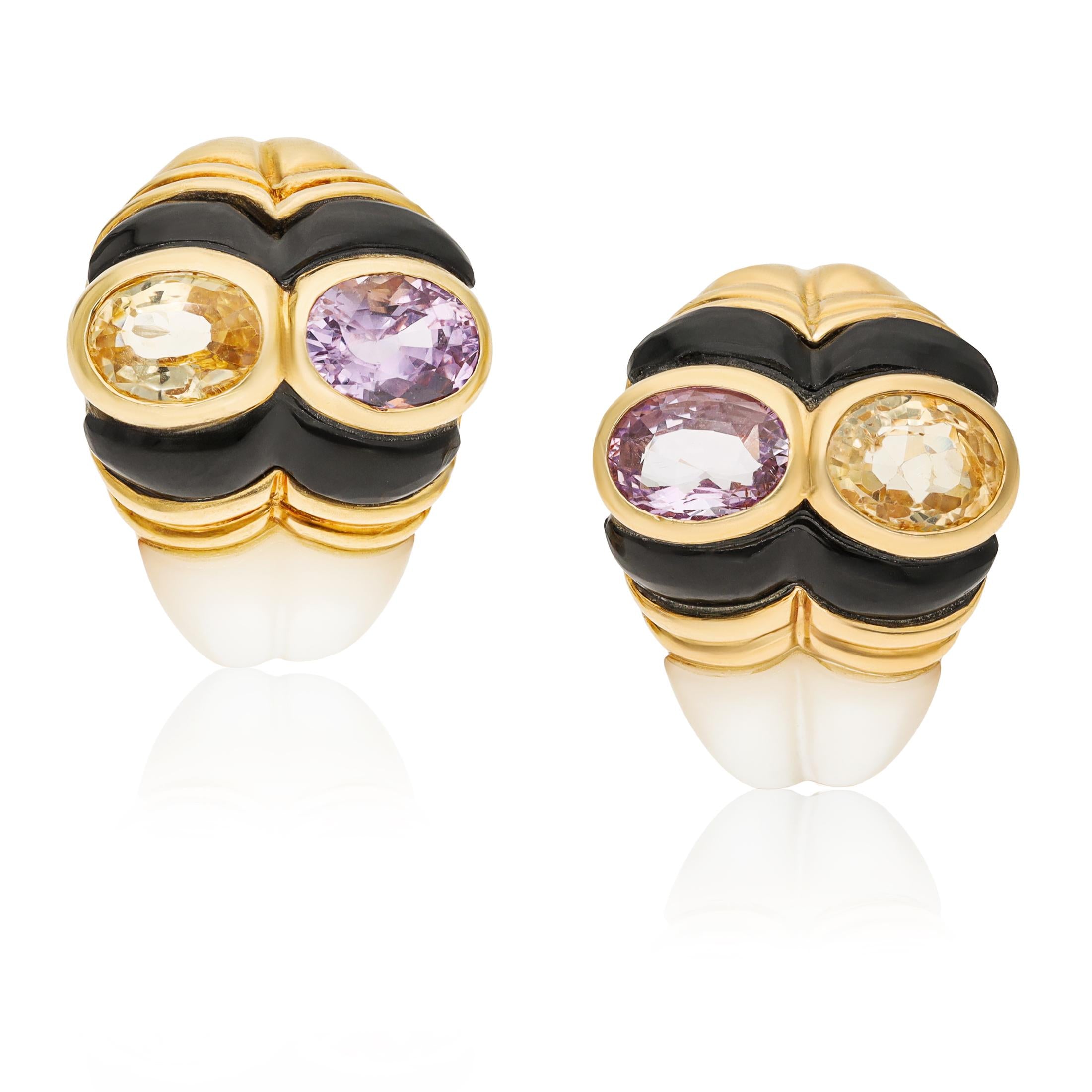 MARINA B. 18K Yellow Gold Multi-Gem and Onyx Ear Clips
