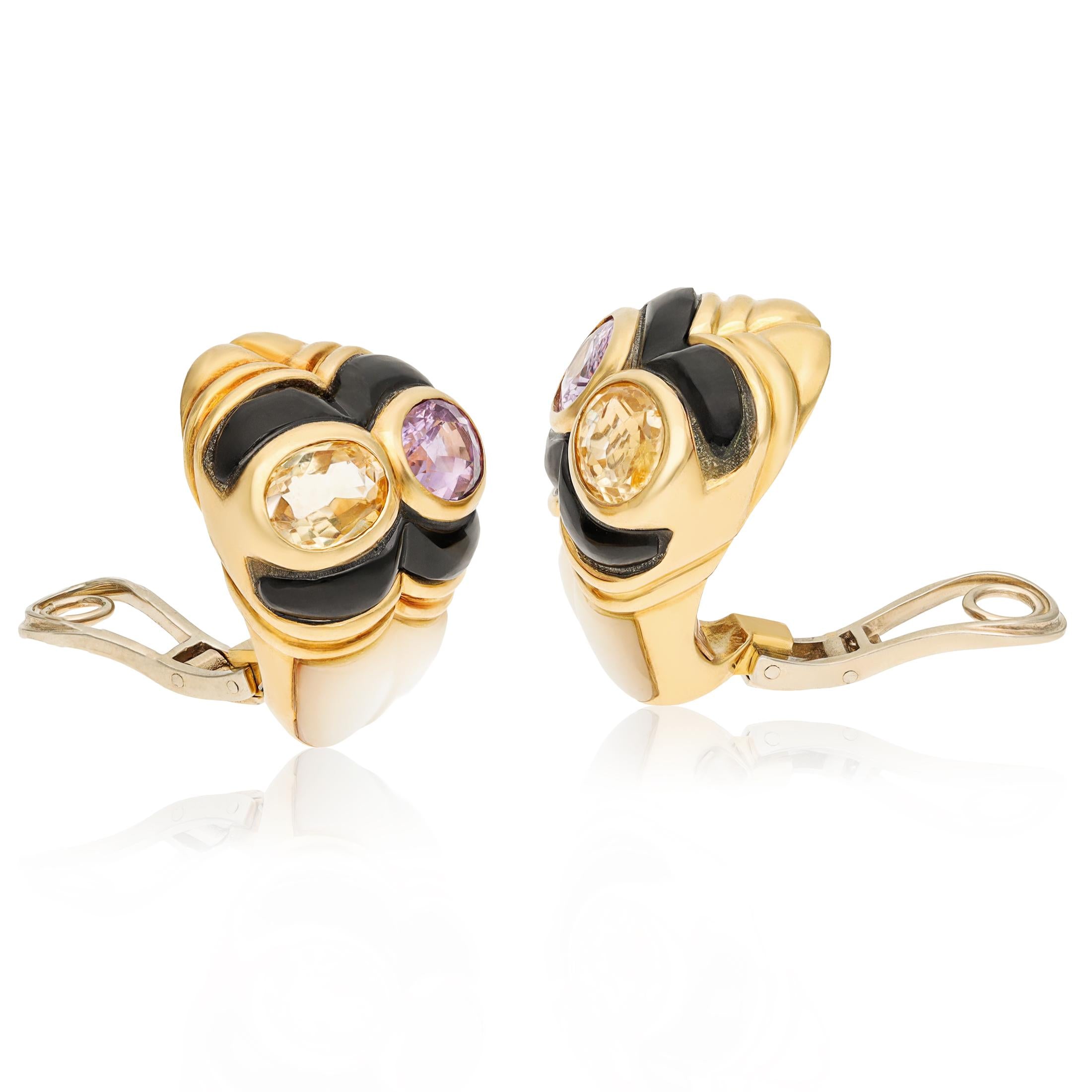 MARINA B. 18K Yellow Gold Multi-Gem and Onyx Ear Clips