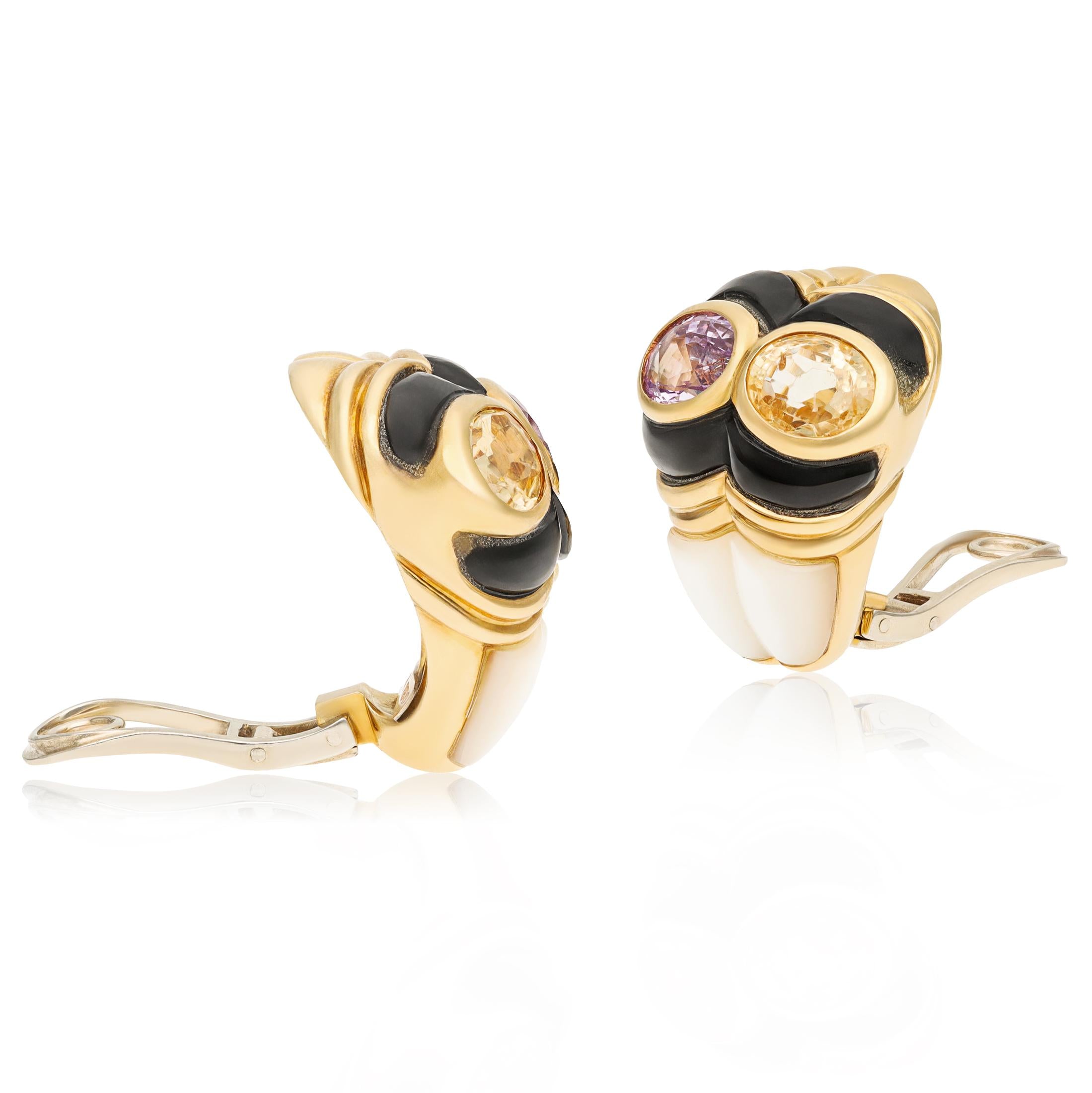 MARINA B. 18K Yellow Gold Multi-Gem and Onyx Ear Clips