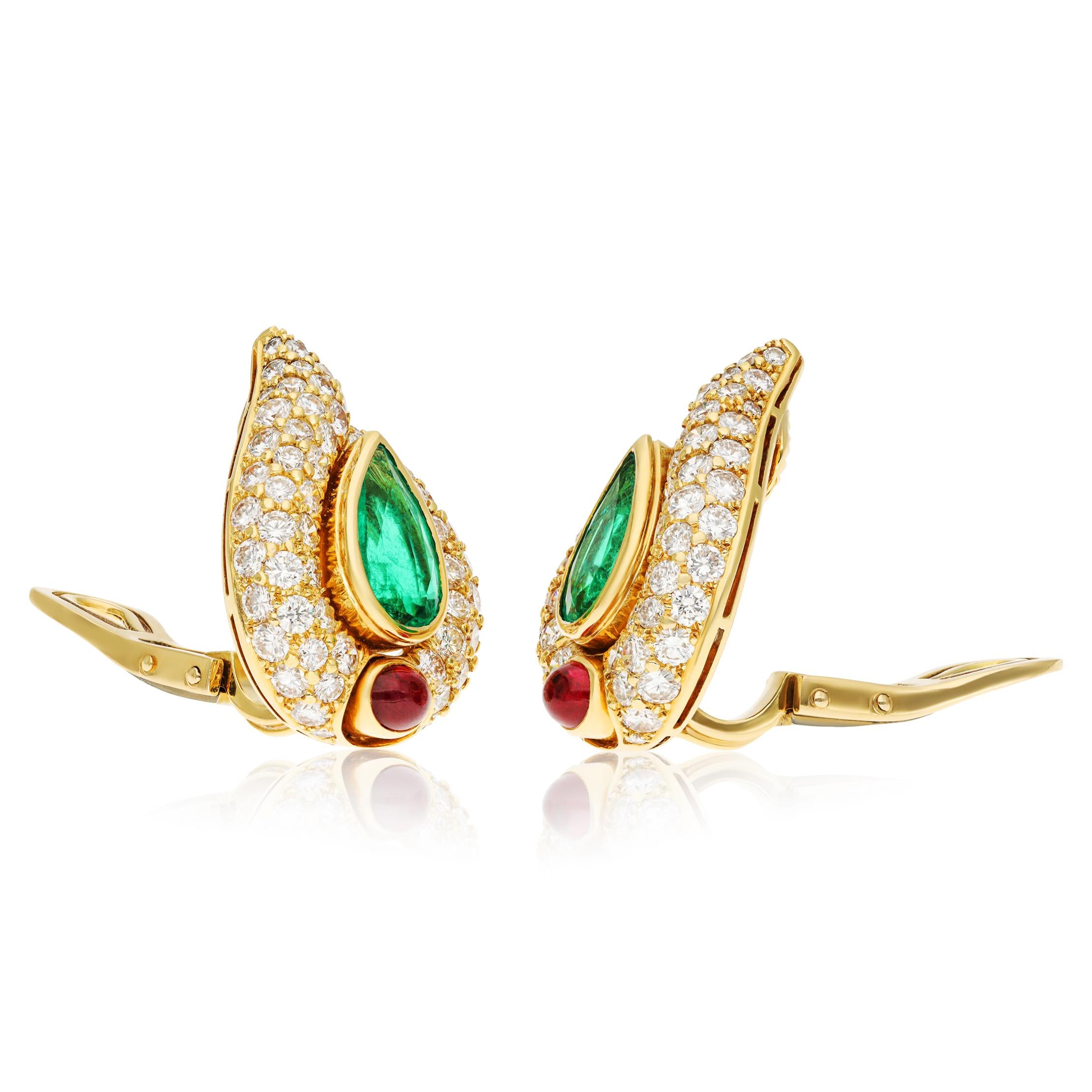 BULGARI 18K Yellow Gold Emerald, Diamond and Ruby Ear Clips