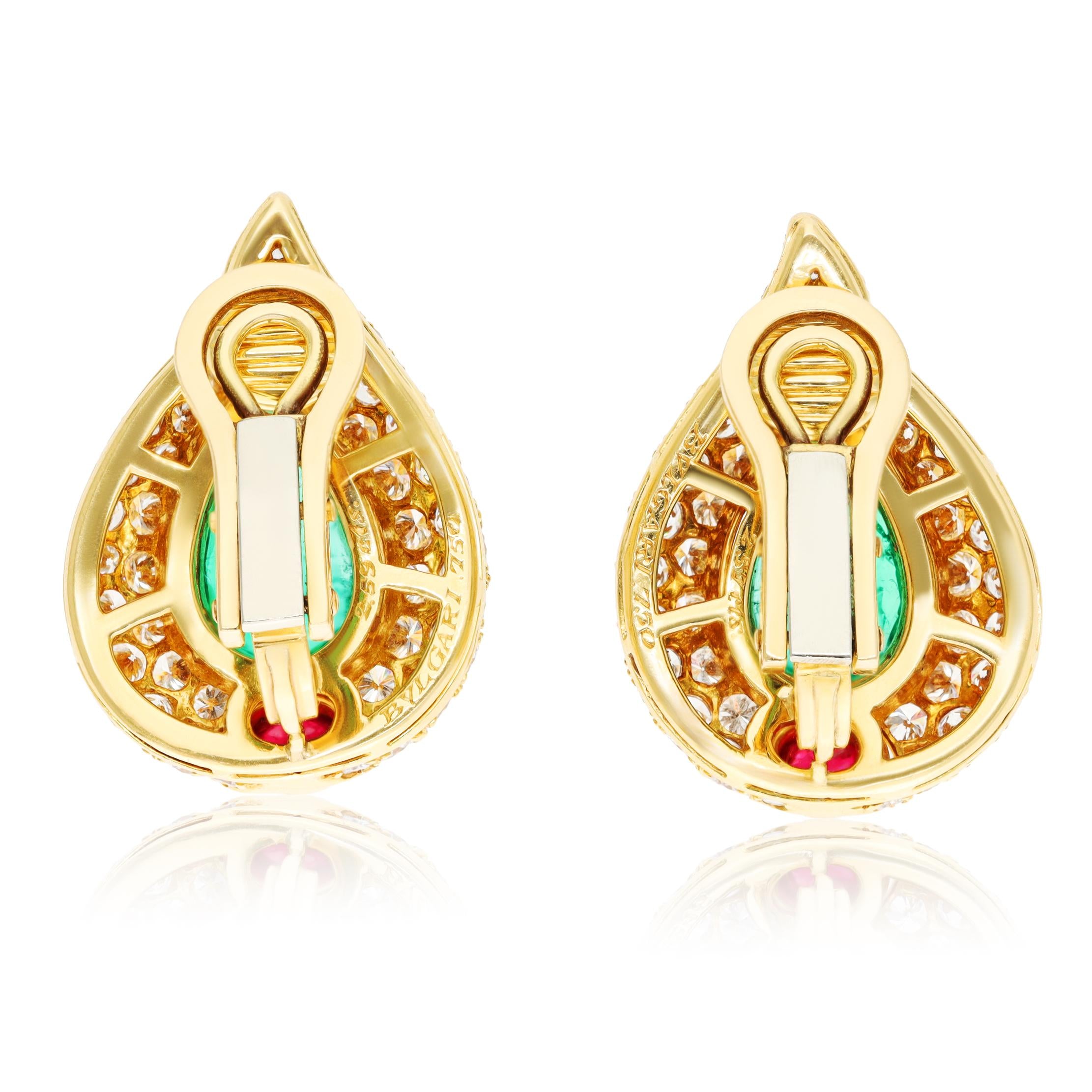 BULGARI 18K Yellow Gold Emerald, Diamond and Ruby Ear Clips