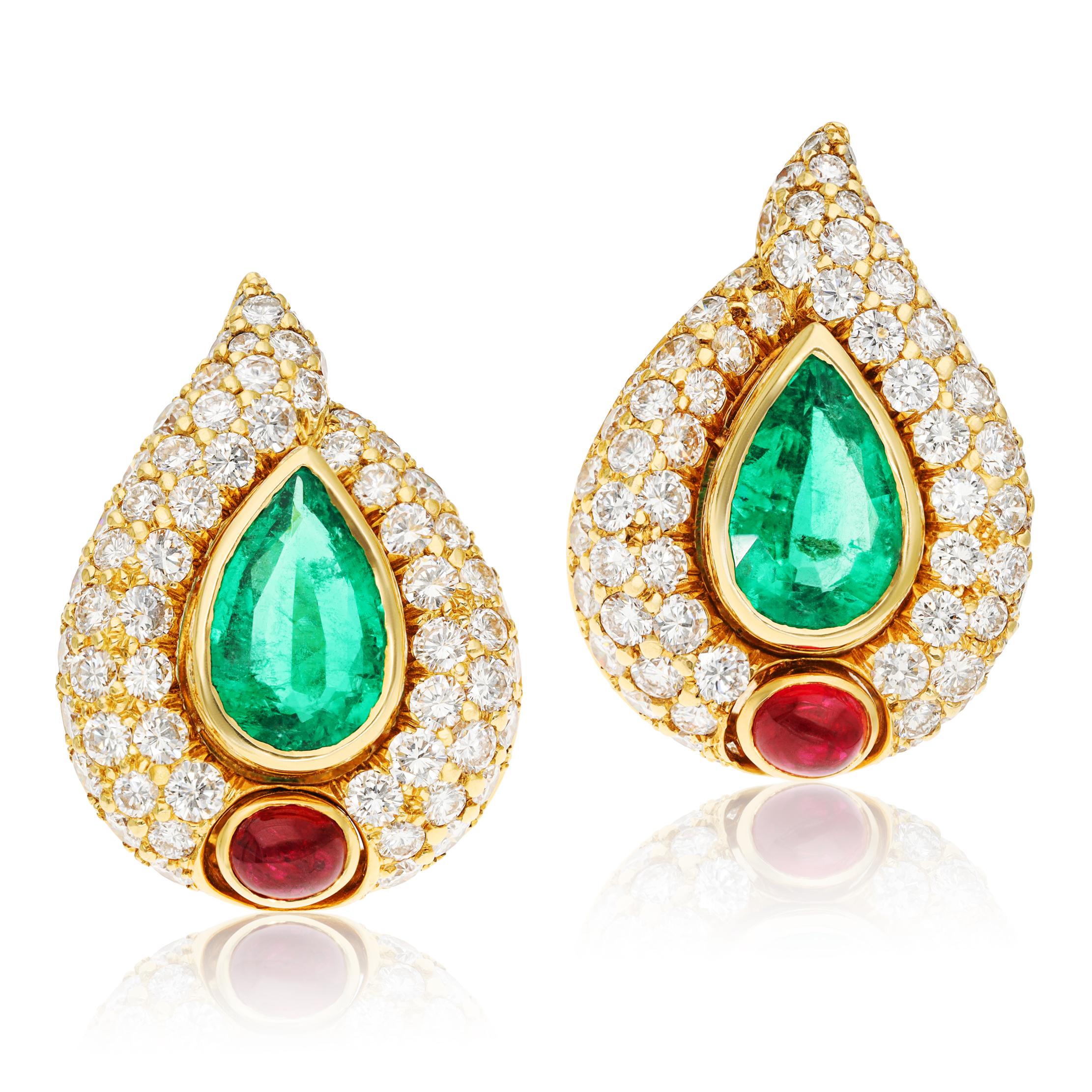BULGARI 18K Yellow Gold Emerald, Diamond and Ruby Ear Clips