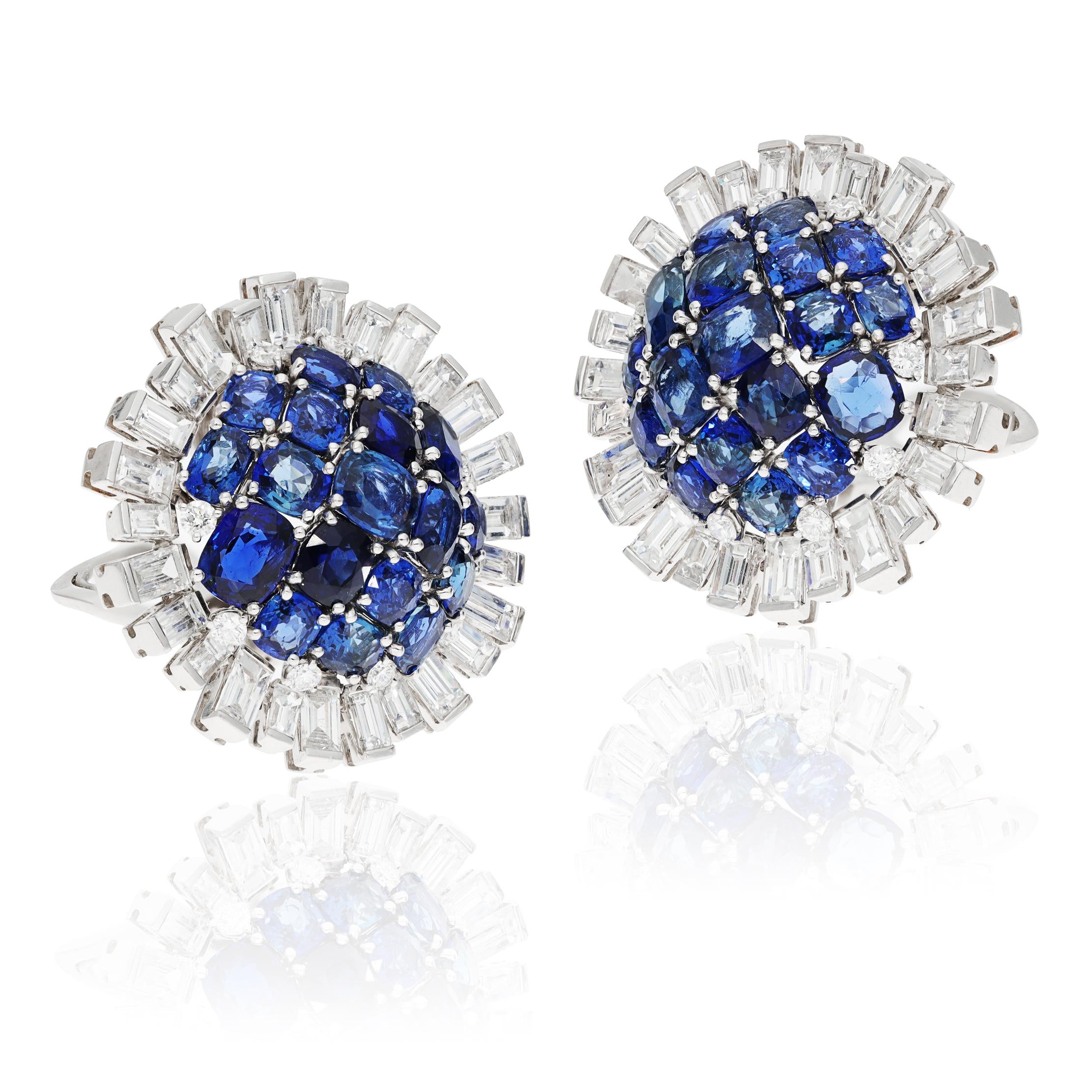BULGARI Sapphire and Diamond Flower Ear Clips, Circa 1960s