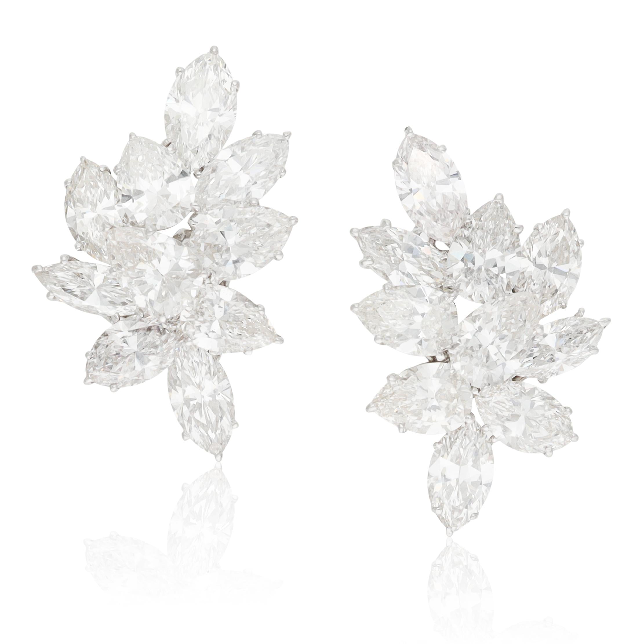 YAFA Platinum & 18K Gold Marquise and Pear-Shaped Diamond Cluster Ear Clips