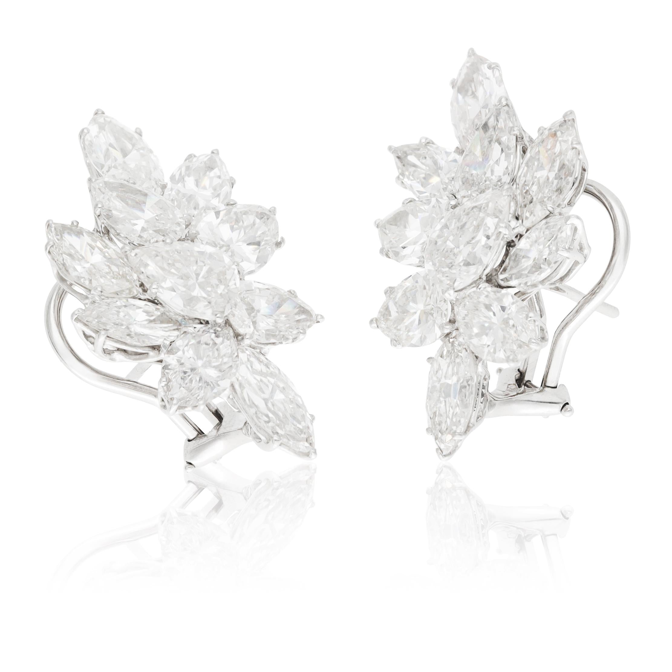 YAFA Platinum & 18K Gold Marquise and Pear-Shaped Diamond Cluster Ear Clips