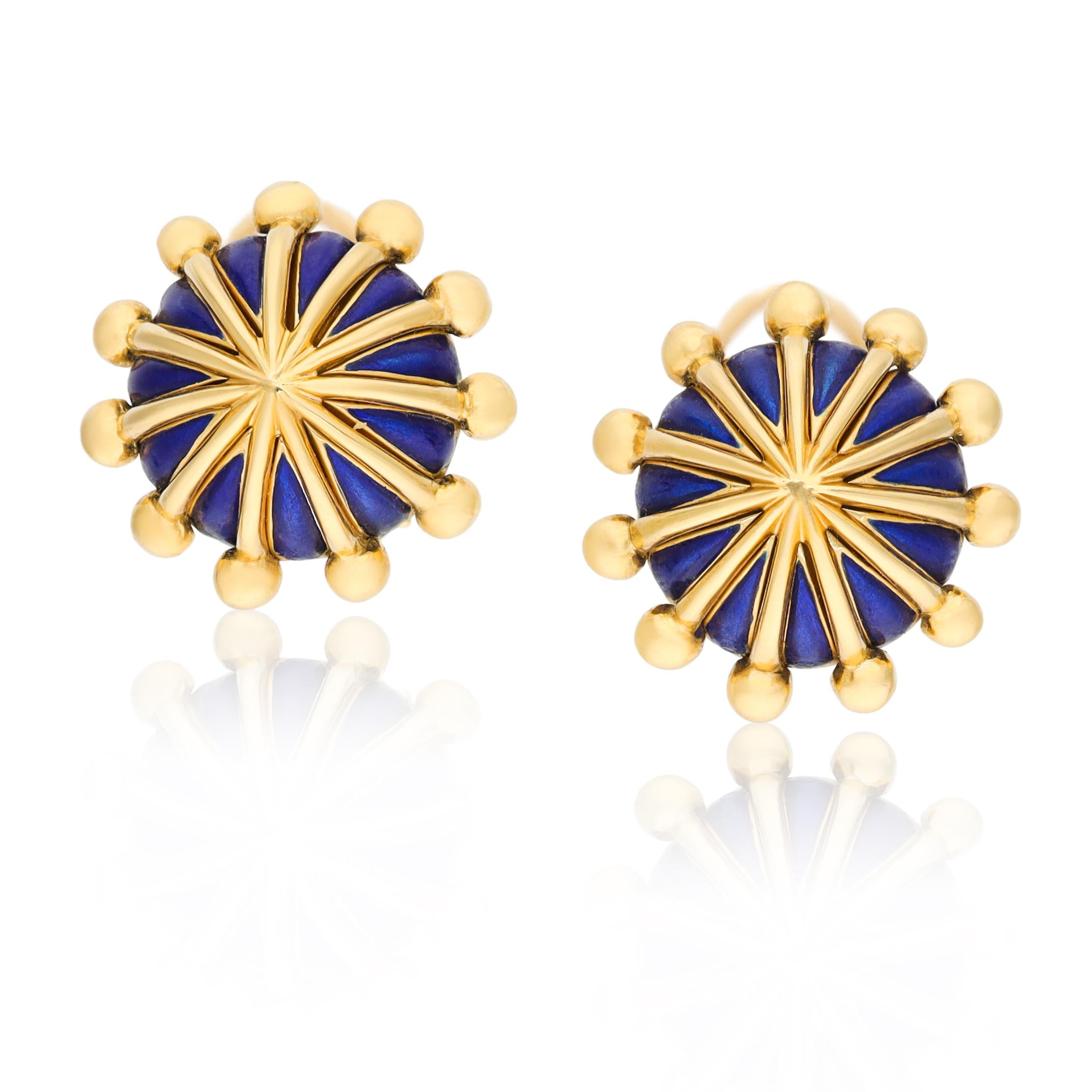 TIFFANY & CO. Jean Schlumberger 18K Yellow Gold Blue Enamel Earrings