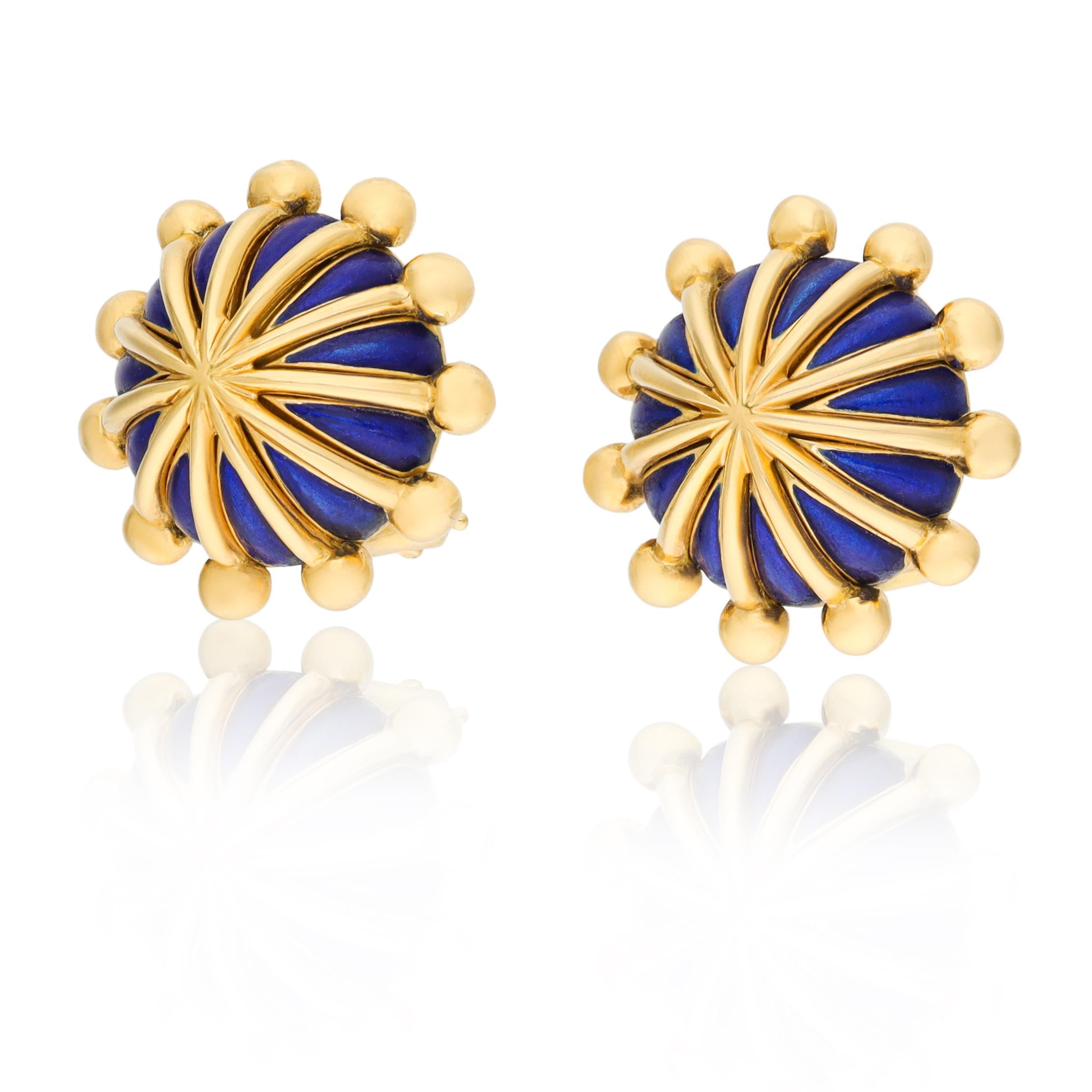 TIFFANY & CO. Jean Schlumberger 18K Yellow Gold Blue Enamel Earrings
