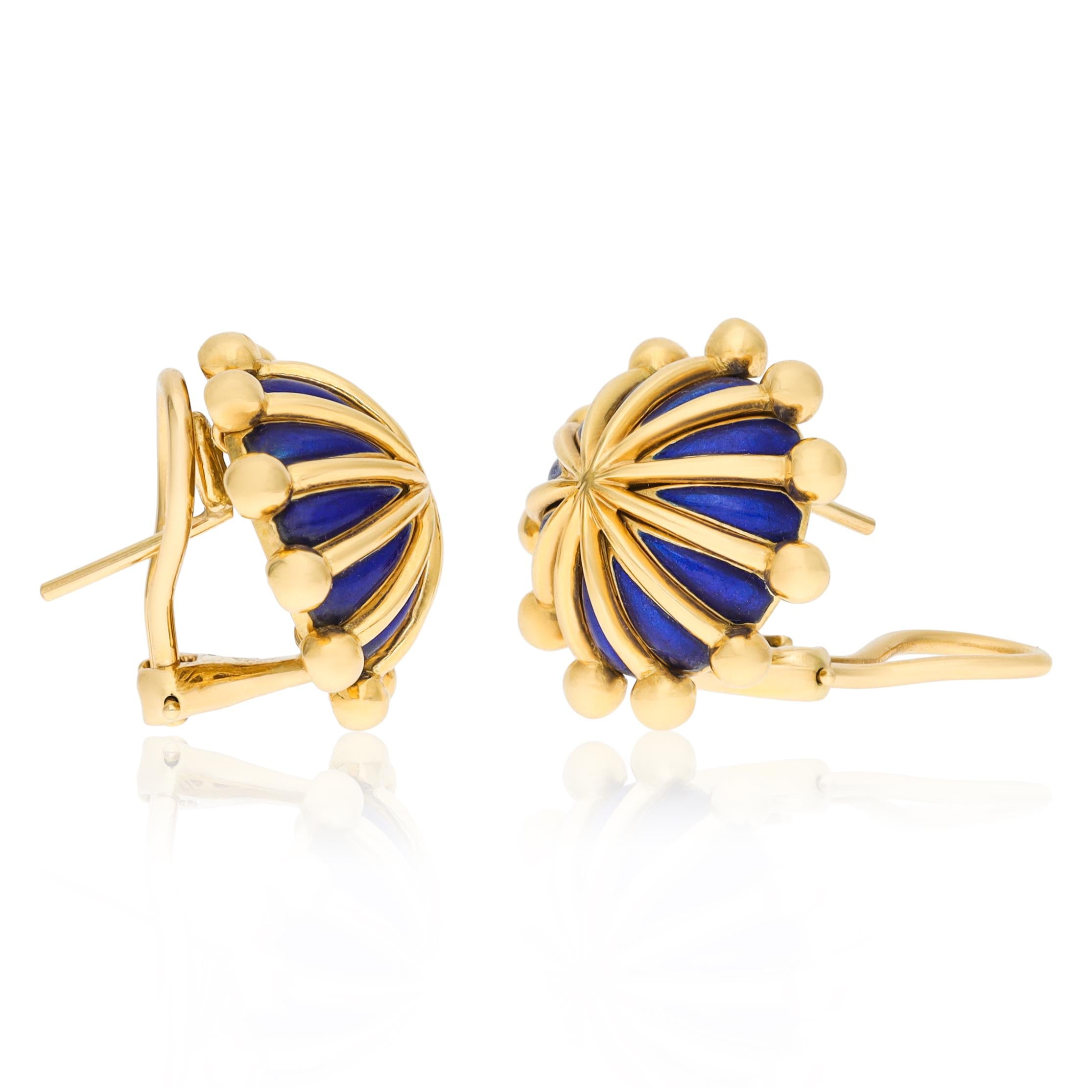 TIFFANY & CO. Jean Schlumberger 18K Yellow Gold Blue Enamel Earrings
