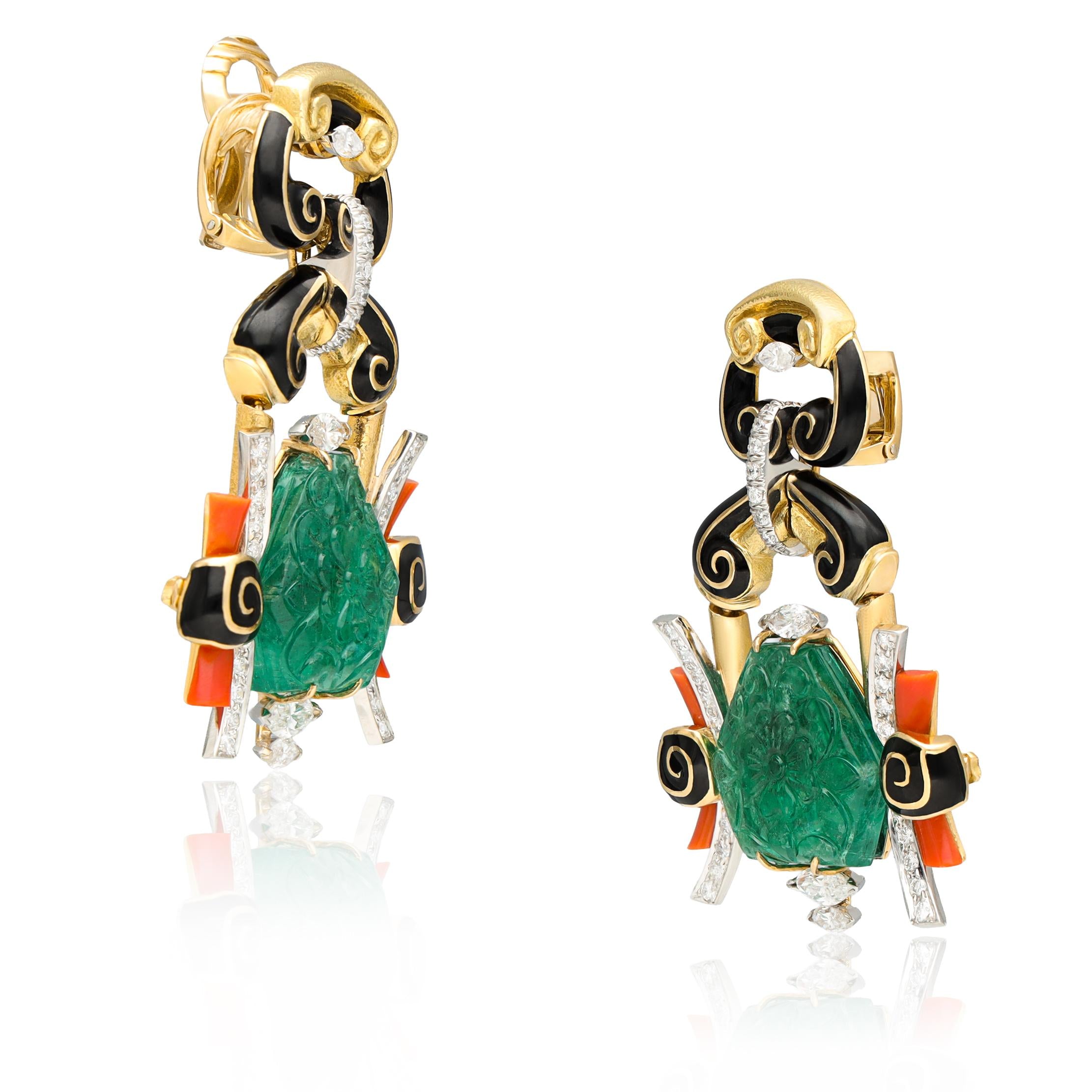DAVID WEBB Black Enamel Diamond Coral and Carved Emerald Ear Clips