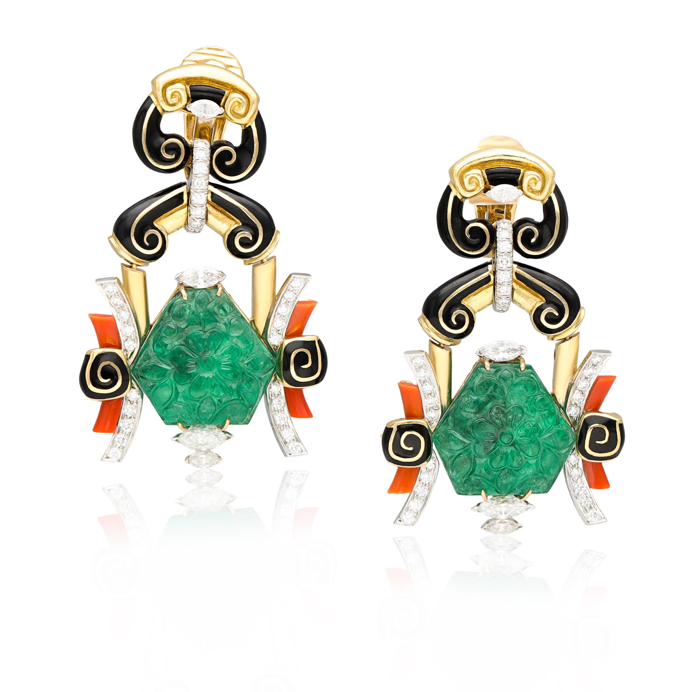DAVID WEBB Black Enamel Diamond Coral and Carved Emerald Ear Clips