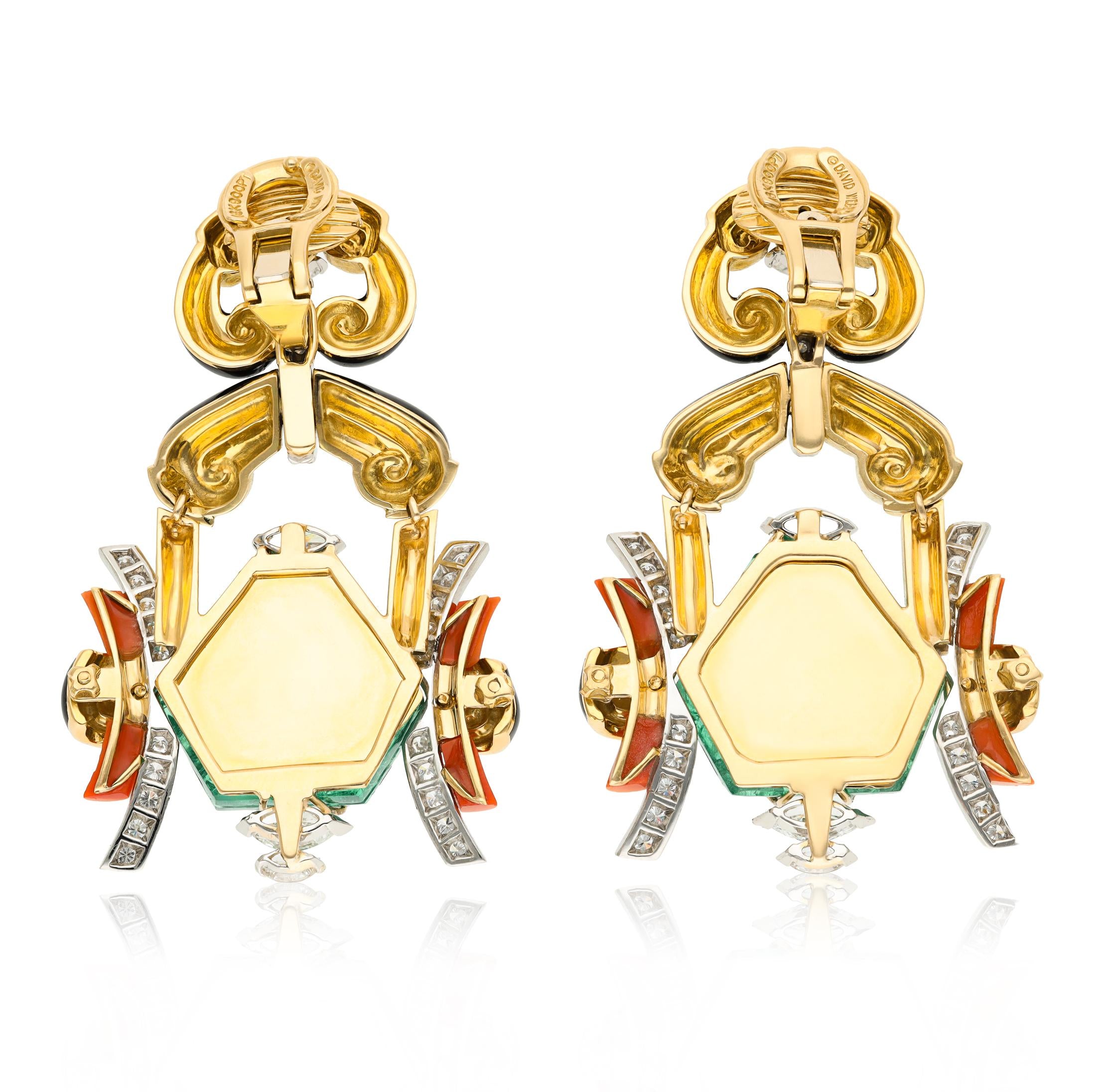 DAVID WEBB Black Enamel Diamond Coral and Carved Emerald Ear Clips