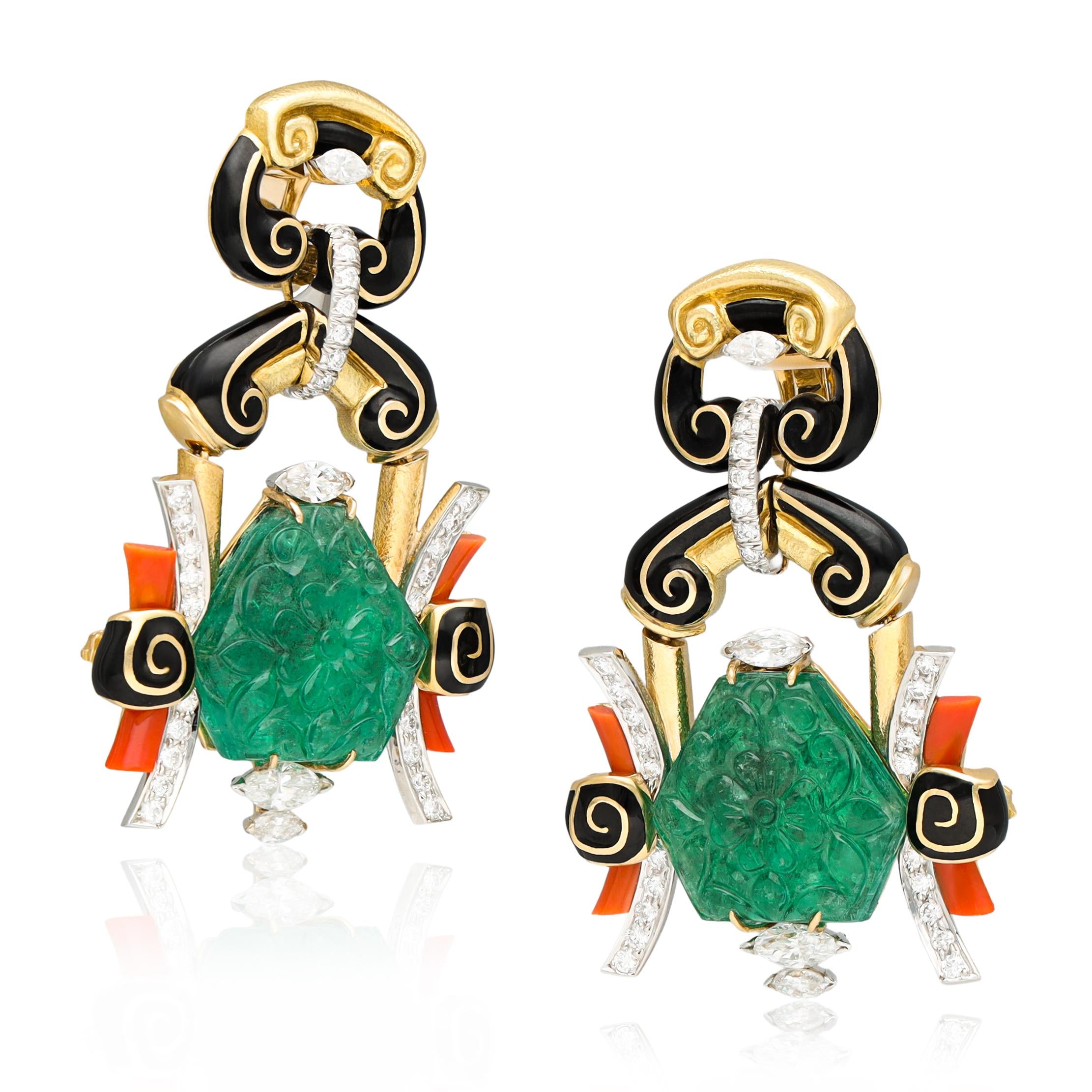 DAVID WEBB Black Enamel Diamond Coral and Carved Emerald Ear Clips