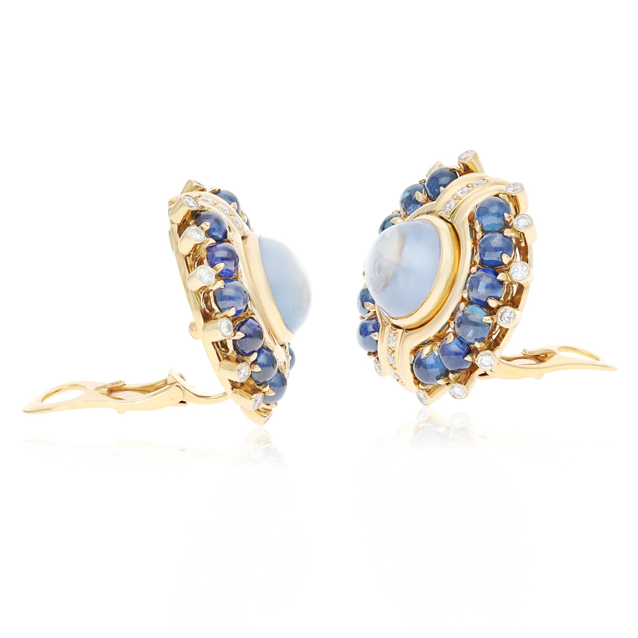 BULGARI 18K Yellow Gold Diamond and Cabochon Sapphire Ear Clips