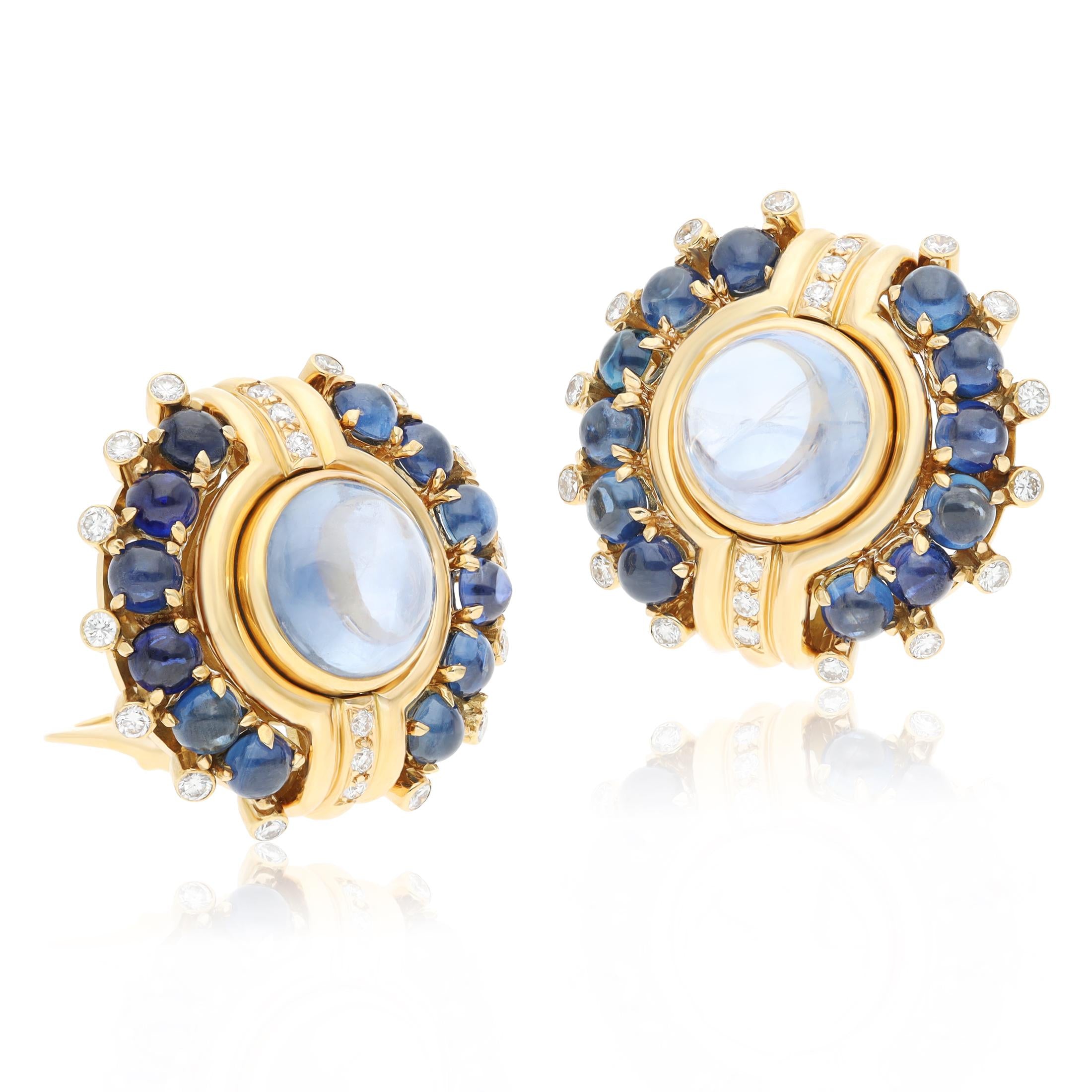 BULGARI 18K Yellow Gold Diamond and Cabochon Sapphire Ear Clips
