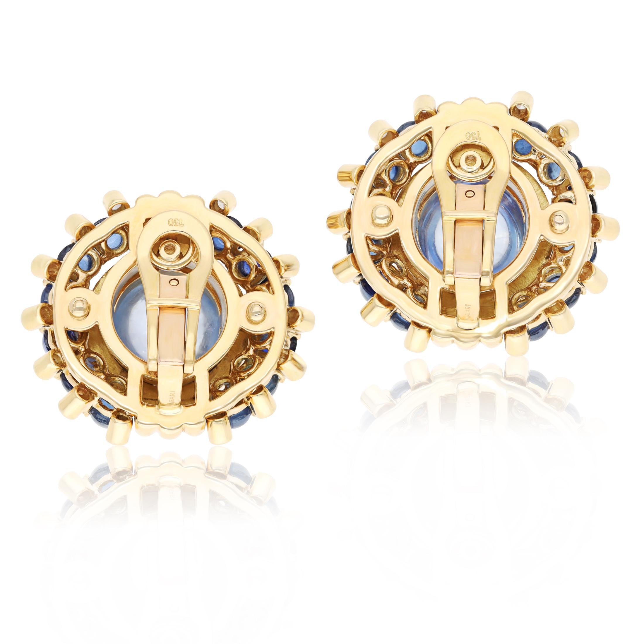 BULGARI 18K Yellow Gold Diamond and Cabochon Sapphire Ear Clips