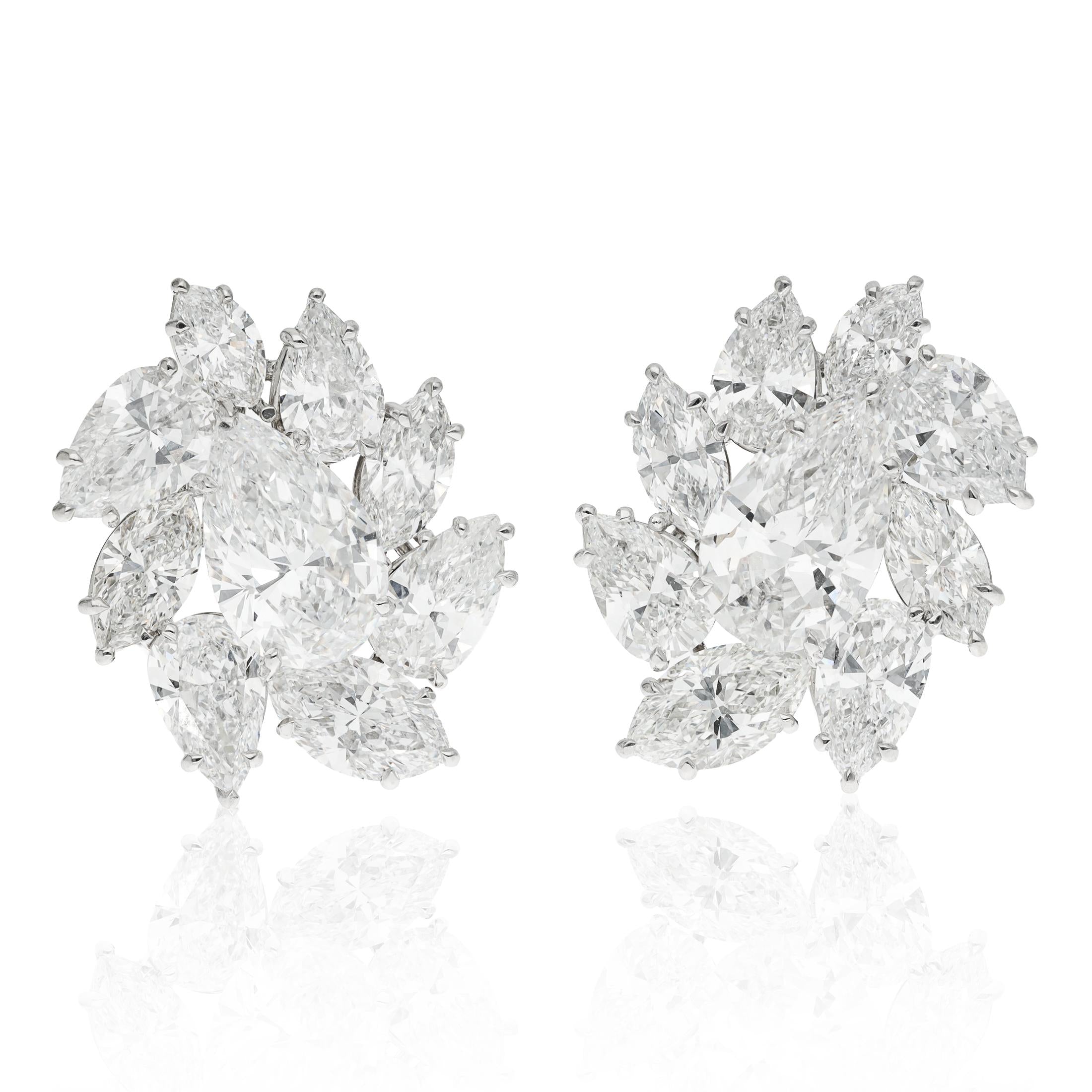 Platinum Marquise-Shaped and Pear-Shaped Diamond Cluster Ear Clips