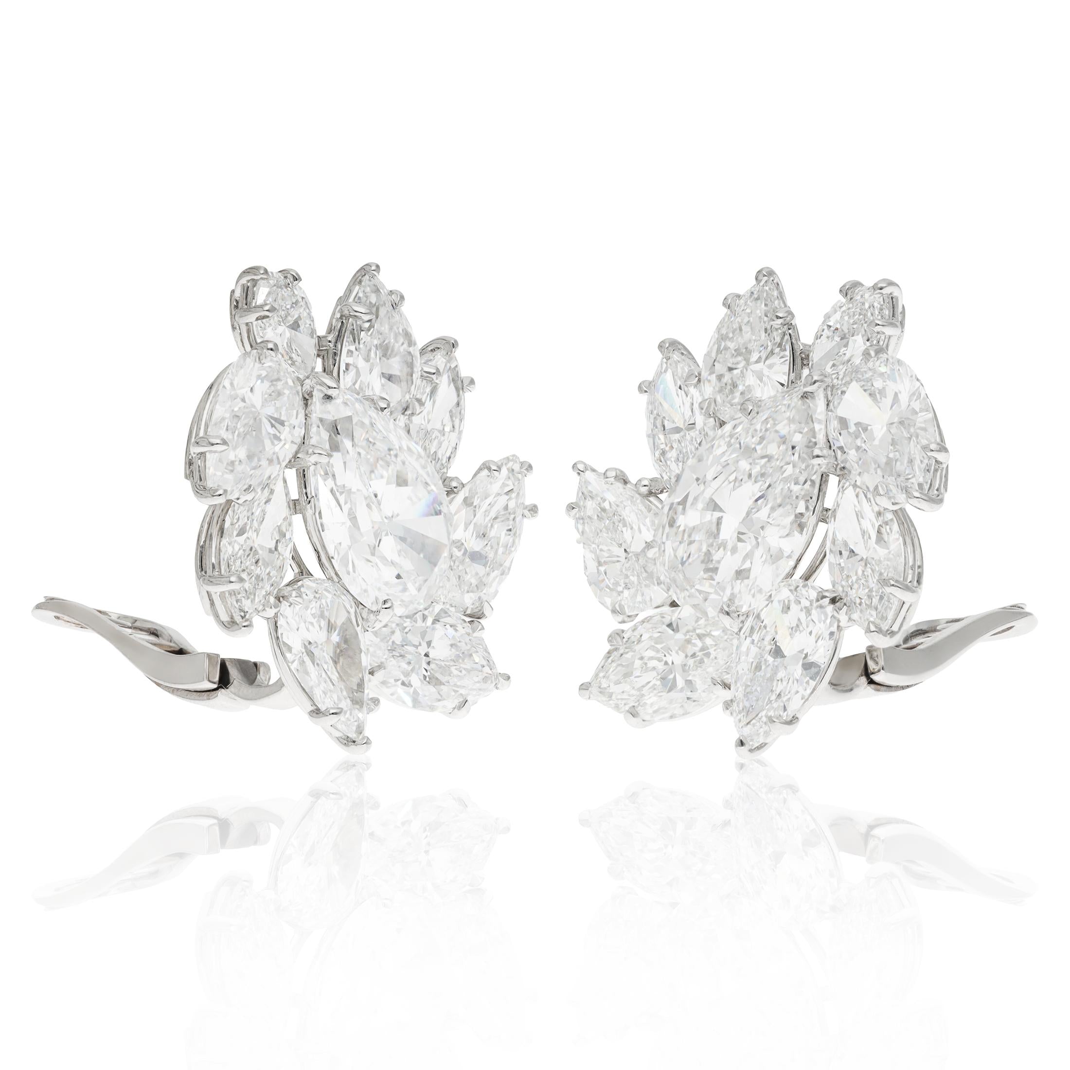 Platinum Marquise-Shaped and Pear-Shaped Diamond Cluster Ear Clips