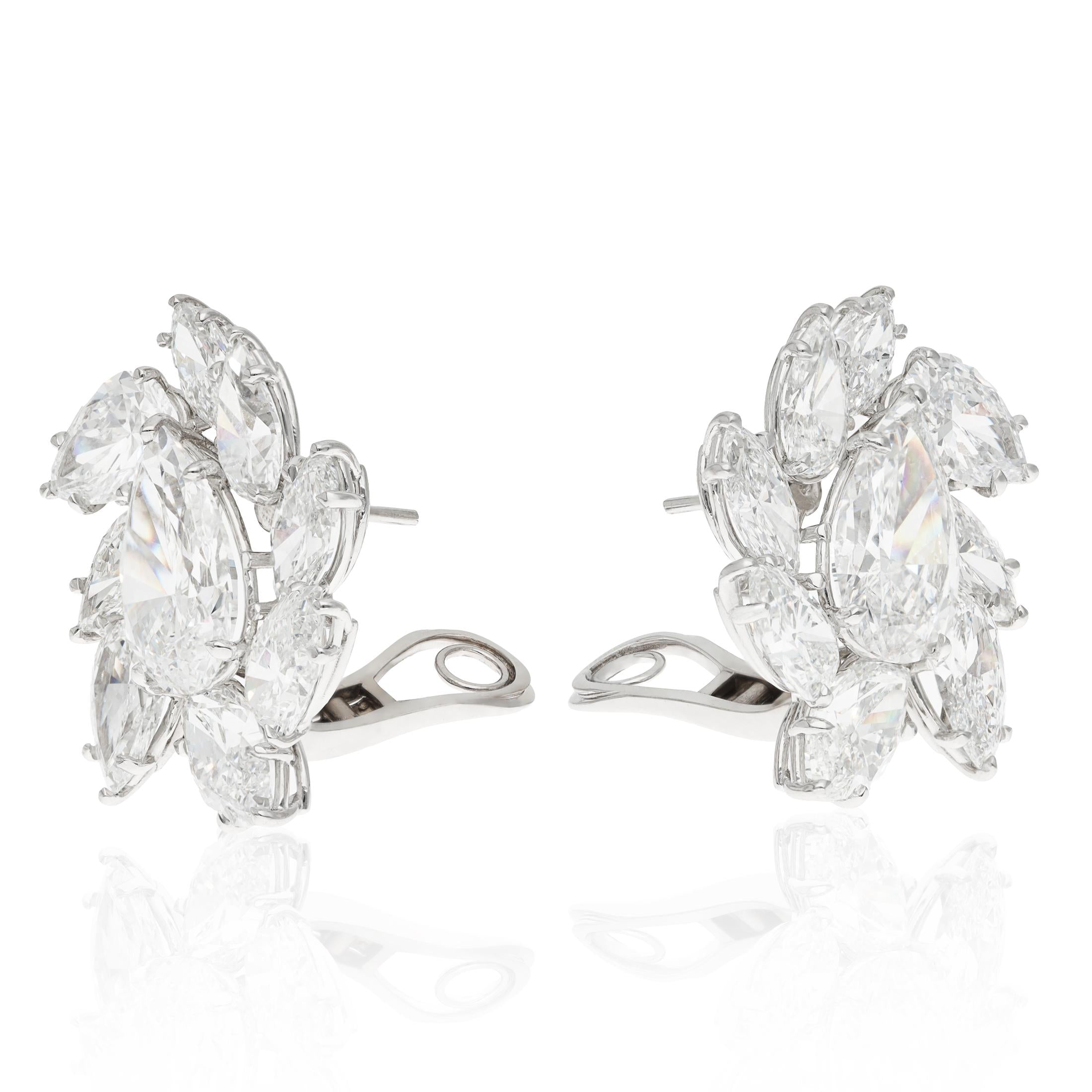 Platinum Marquise-Shaped and Pear-Shaped Diamond Cluster Ear Clips