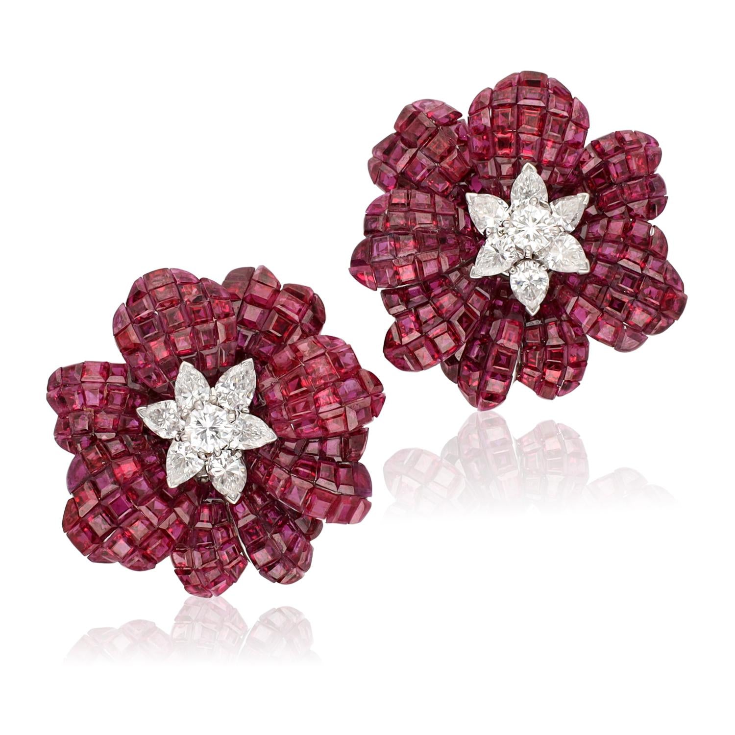 VAN CLEEF & ARPELS Platinum Mystery-Set Ruby and Diamond Flower Ear Clips
