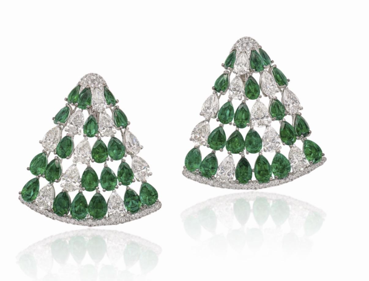 De GRISOGONO 18K White Gold Emerald and Diamond Earrings
