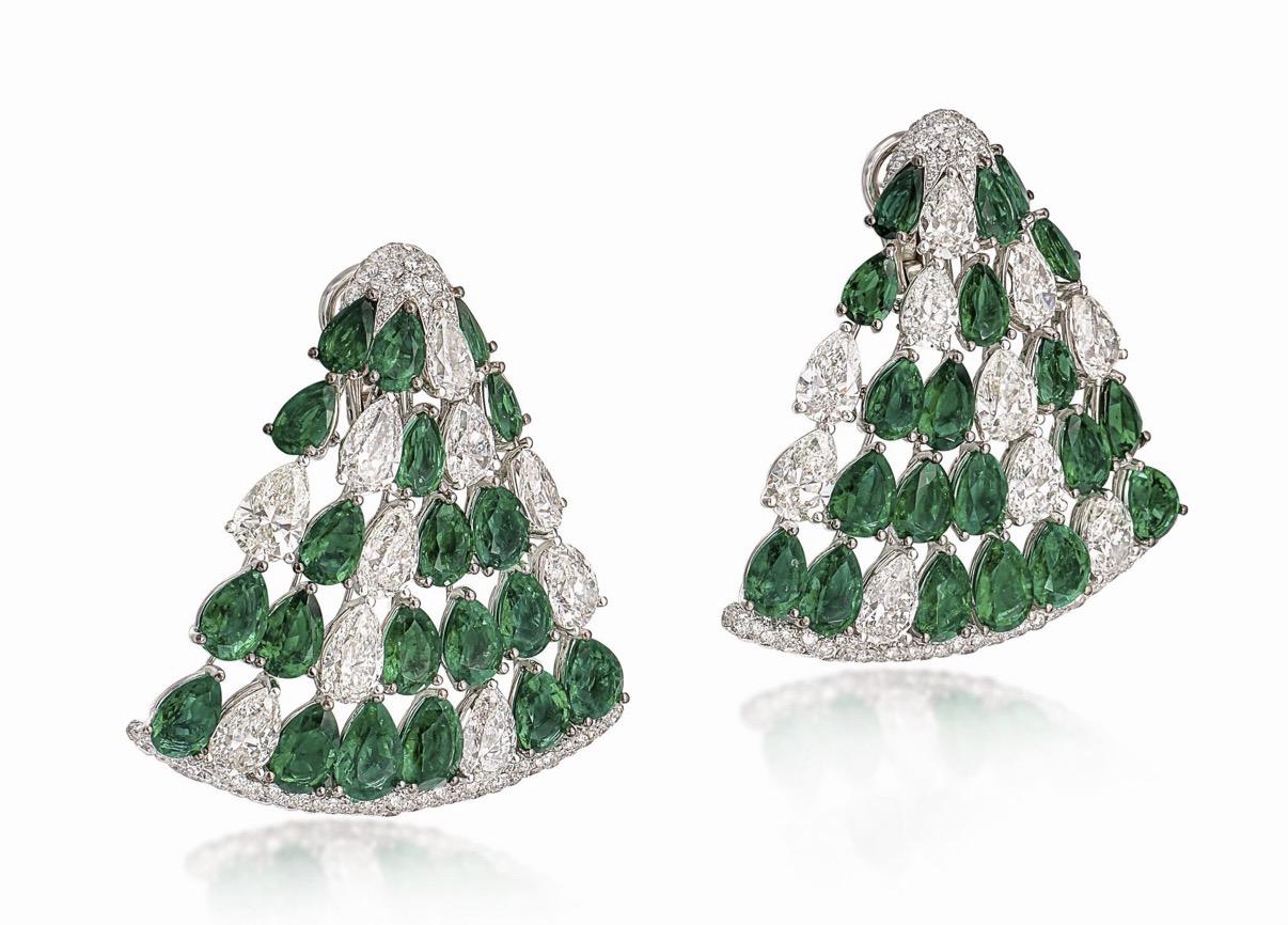 De GRISOGONO 18K White Gold Emerald and Diamond Earrings
