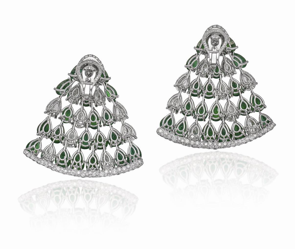 De GRISOGONO 18K White Gold Emerald and Diamond Earrings