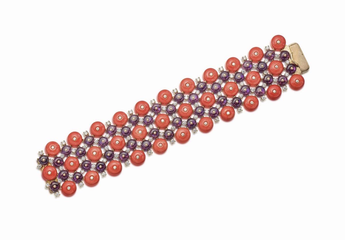 BULGARI 18K Yellow Gold Coral, Amethyst, and Diamond Bracelet