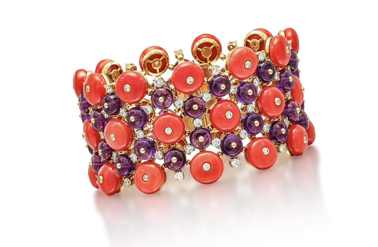 BULGARI 18K Yellow Gold Coral, Amethyst, and Diamond Bracelet