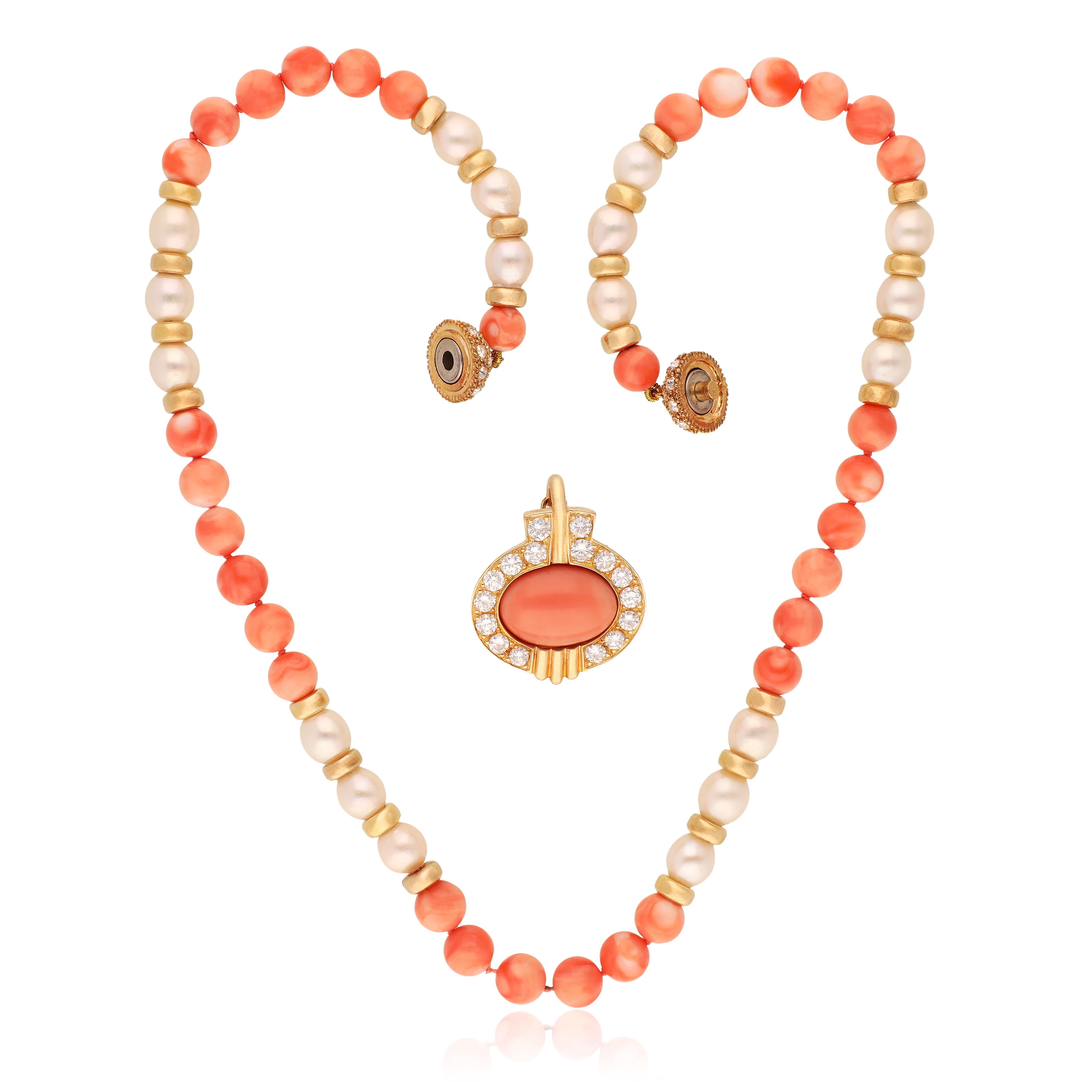 CAMPANELLI 18K Yellow Gold, Coral Bead, Pearl and Diamond Necklace
