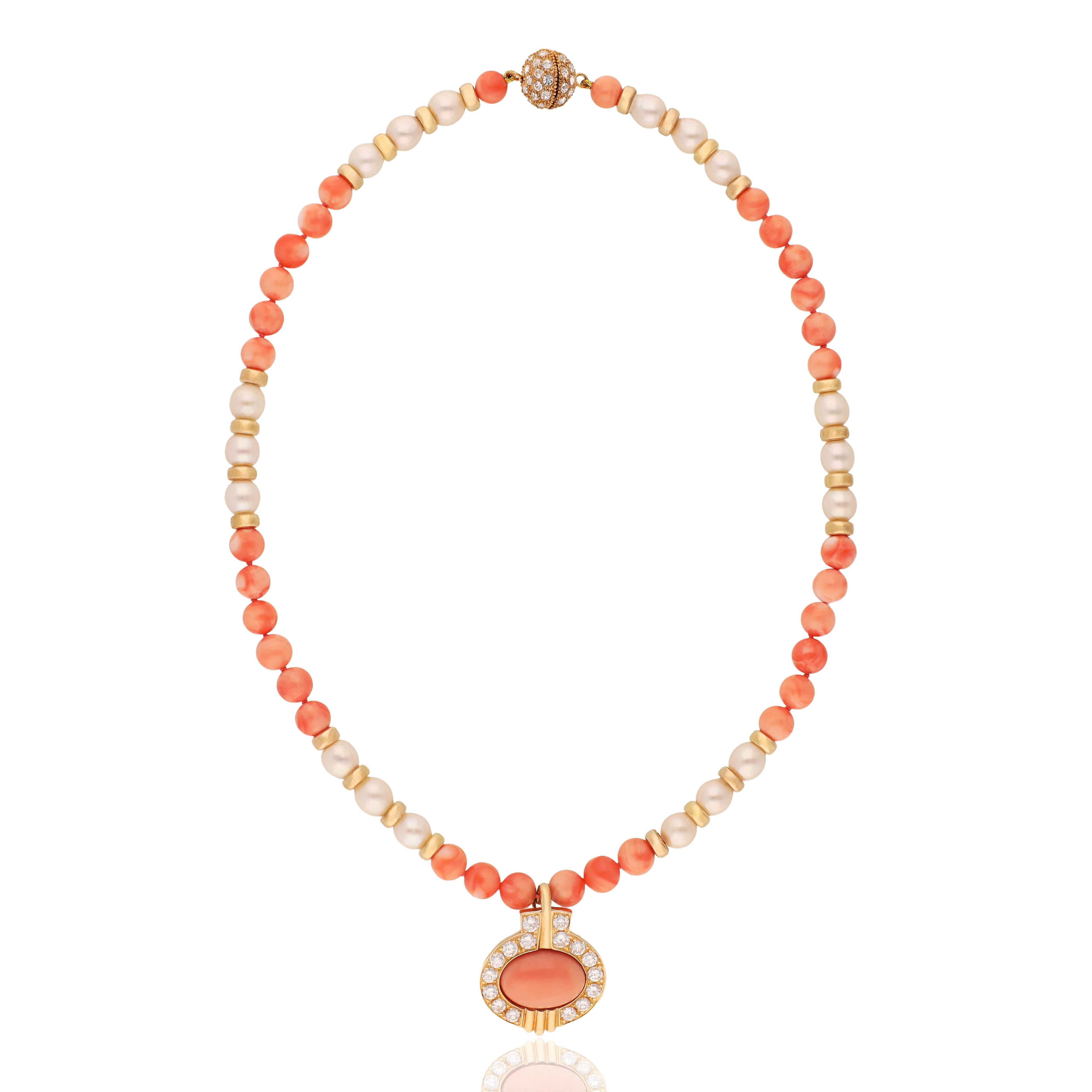 CAMPANELLI 18K Yellow Gold, Coral Bead, Pearl and Diamond Necklace