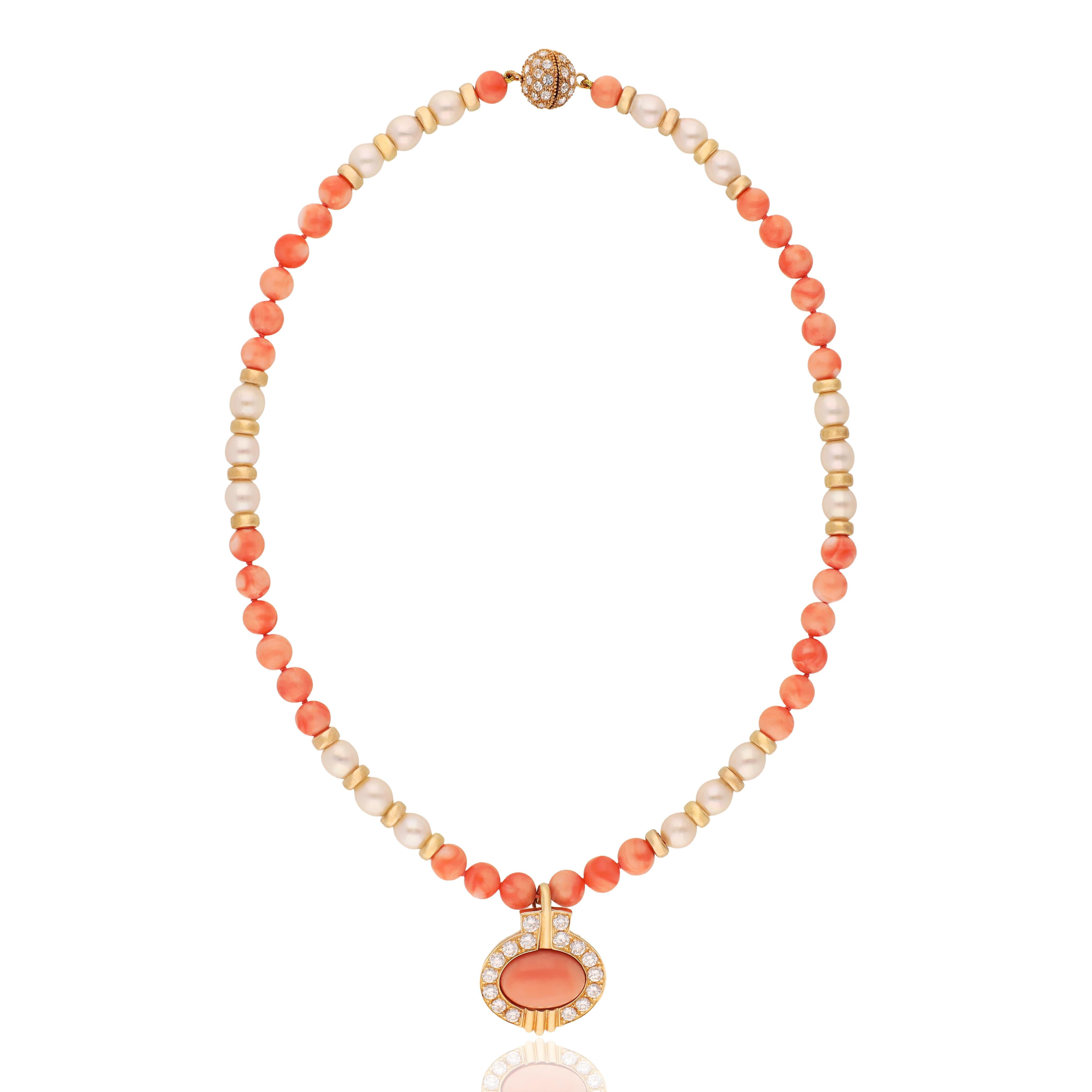 CAMPANELLI 18K Yellow Gold, Coral Bead, Pearl and Diamond Necklace