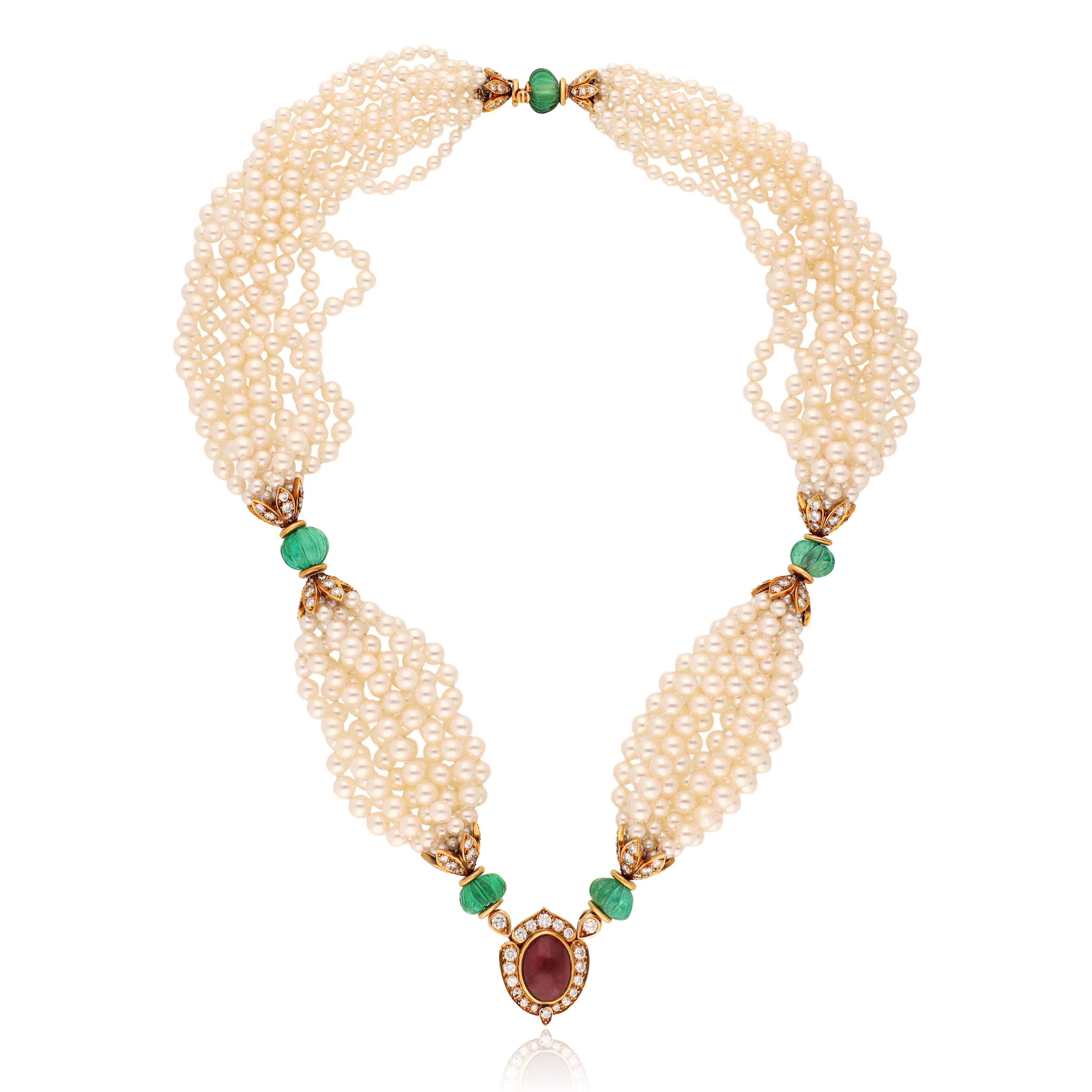 VAN CLEEF & ARPELS Carved Emerald, Cabochon Ruby, Diamond and Pearl Necklace
